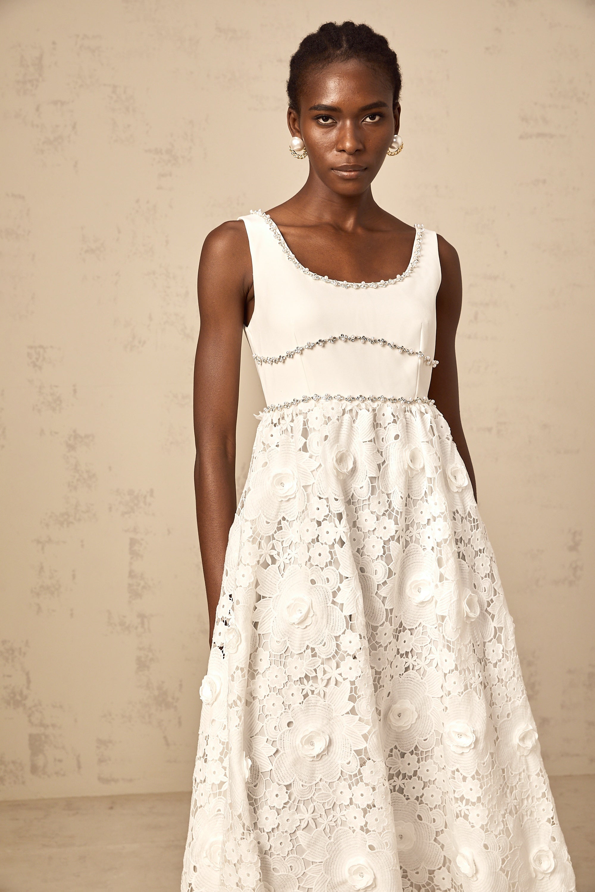 Poema white embellished lace midi dress