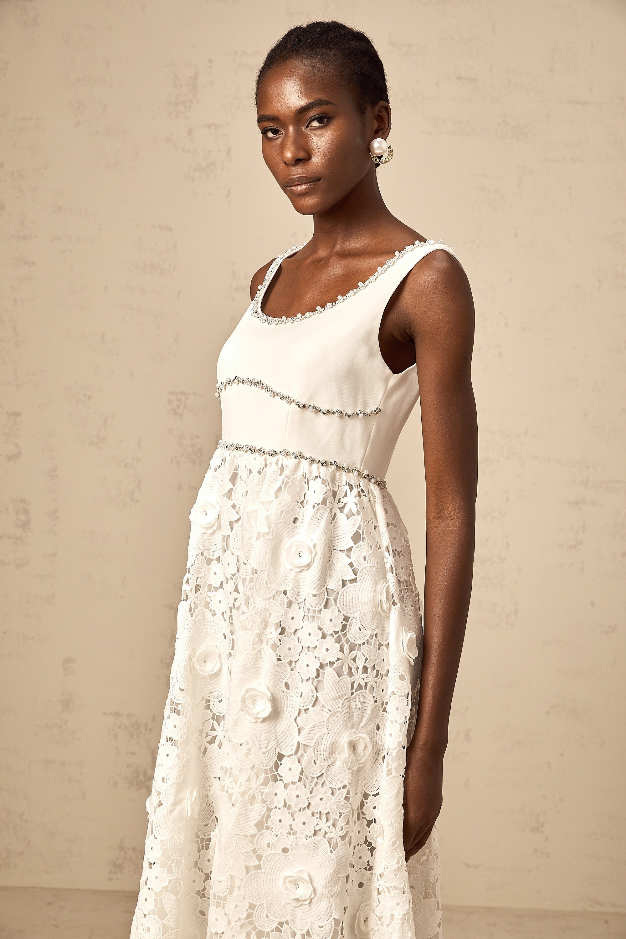 Poema white embellished lace midi dress