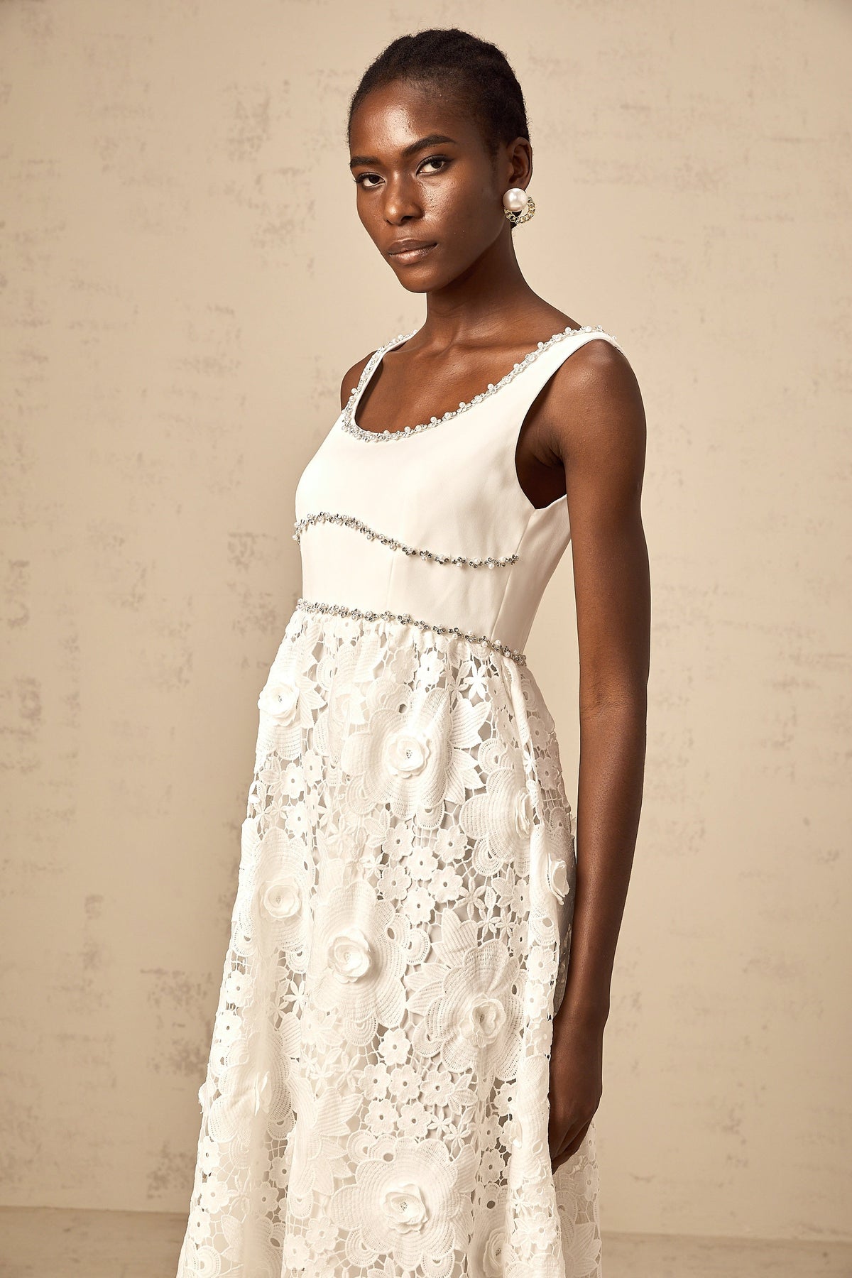 Poema white embellished lace midi dress