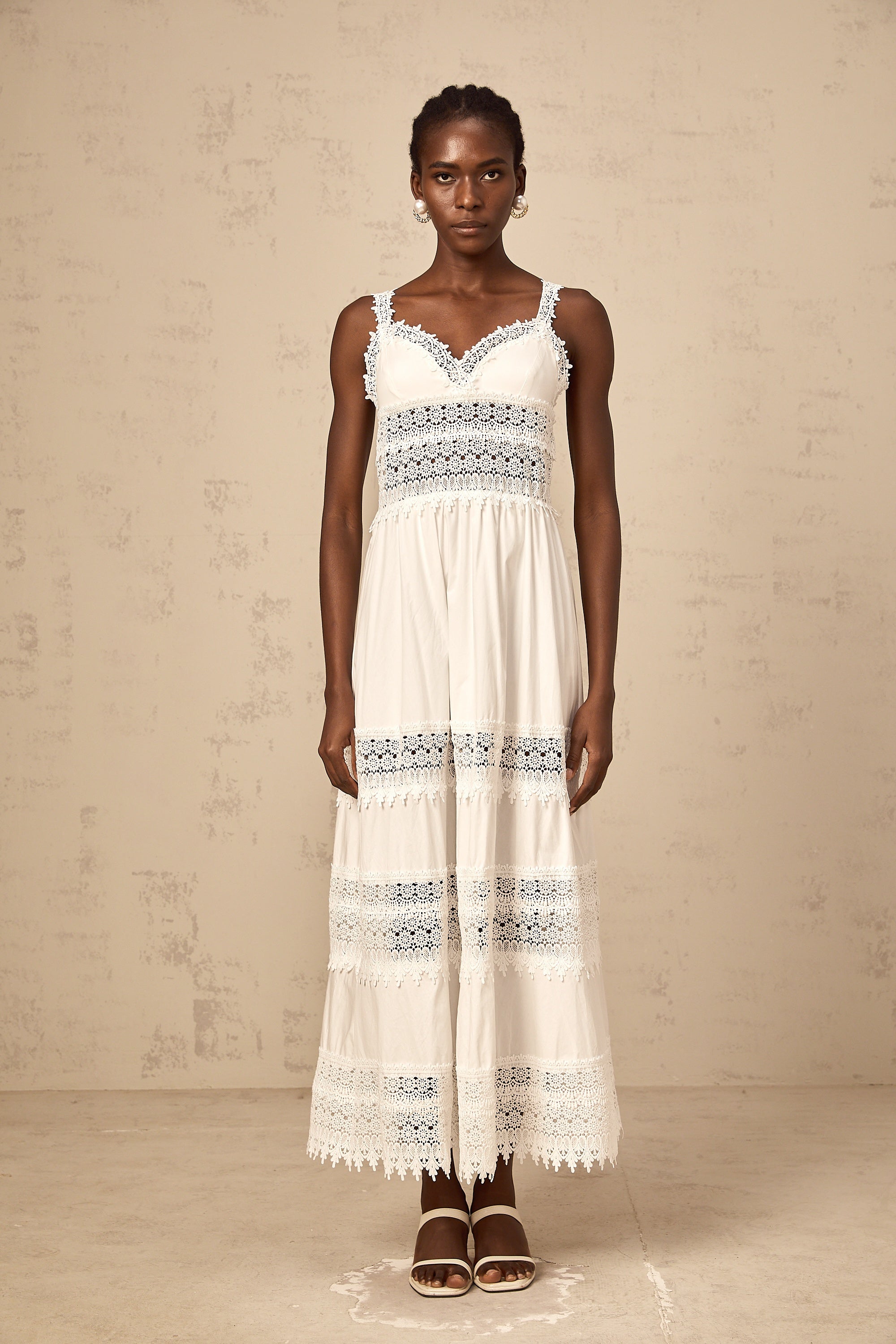 Prunelle white hollow-detail lace midi dress