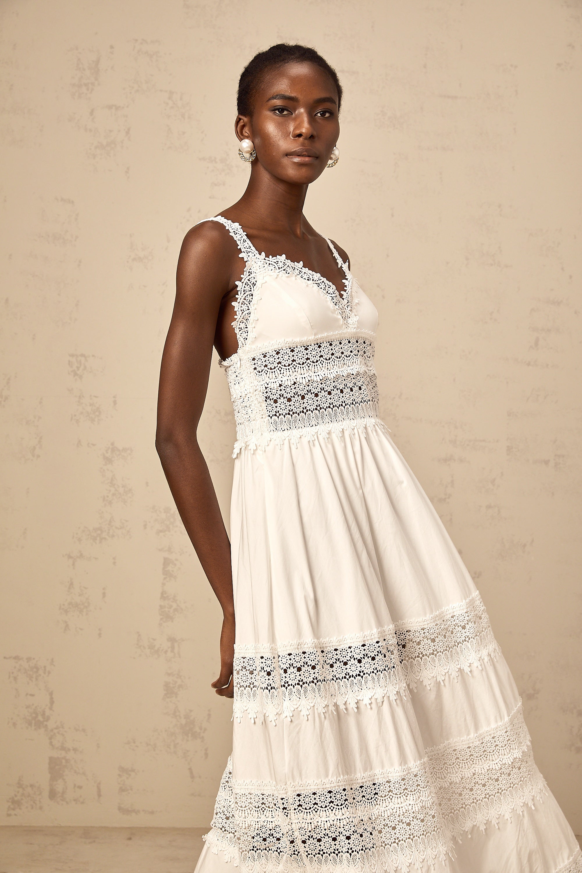 Prunelle white hollow-detail lace midi dress