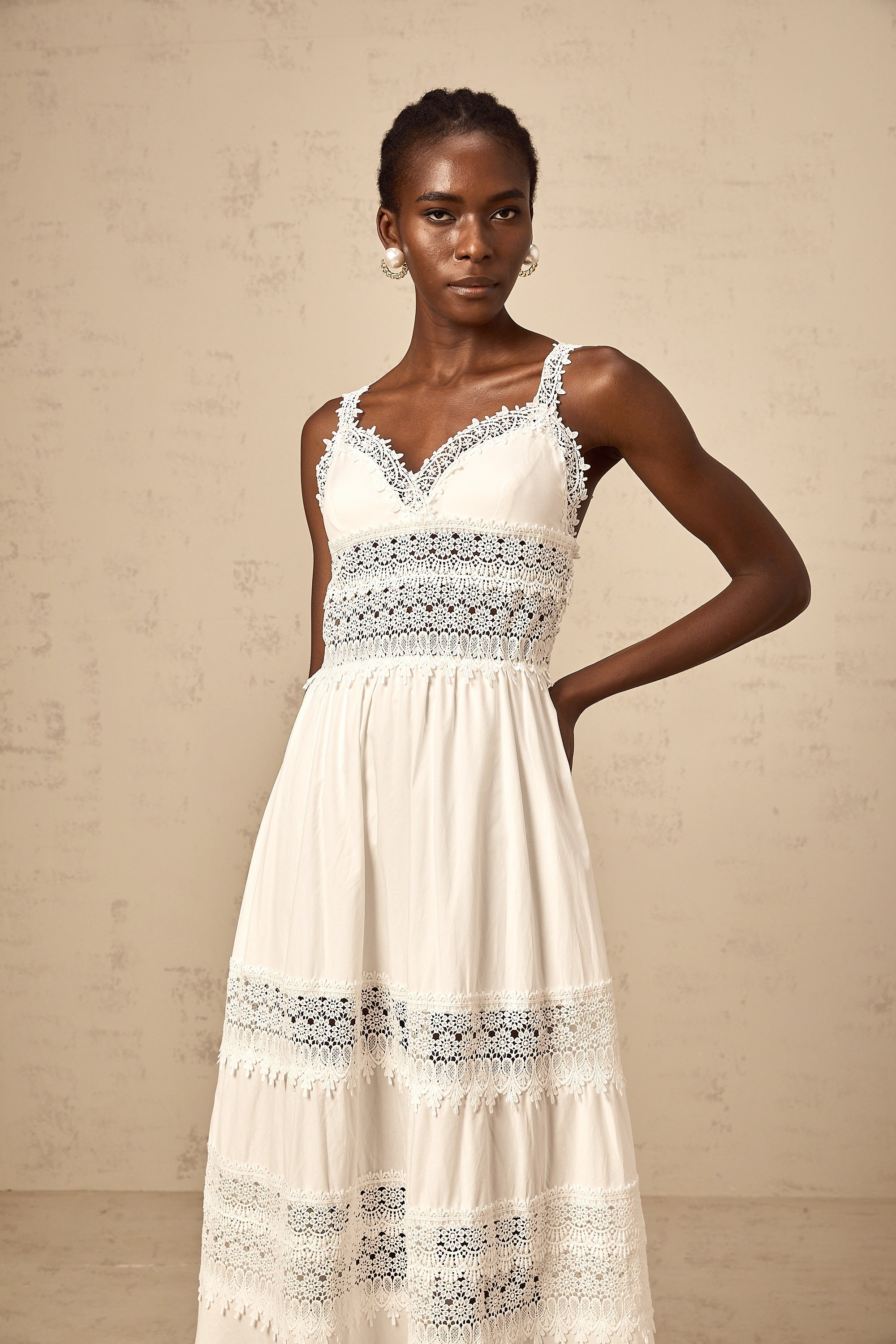 Prunelle white hollow-detail lace midi dress