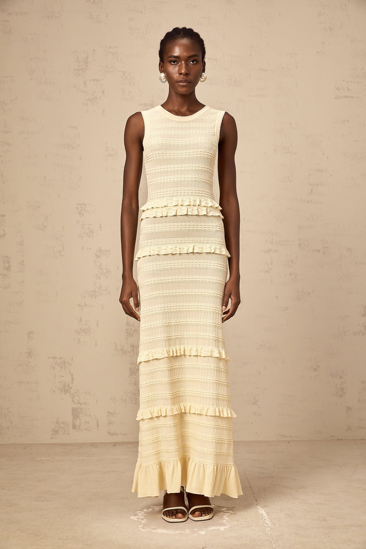 Airelle beige ruffled sleeveless knit maxi dress (Final Sale-US Only)