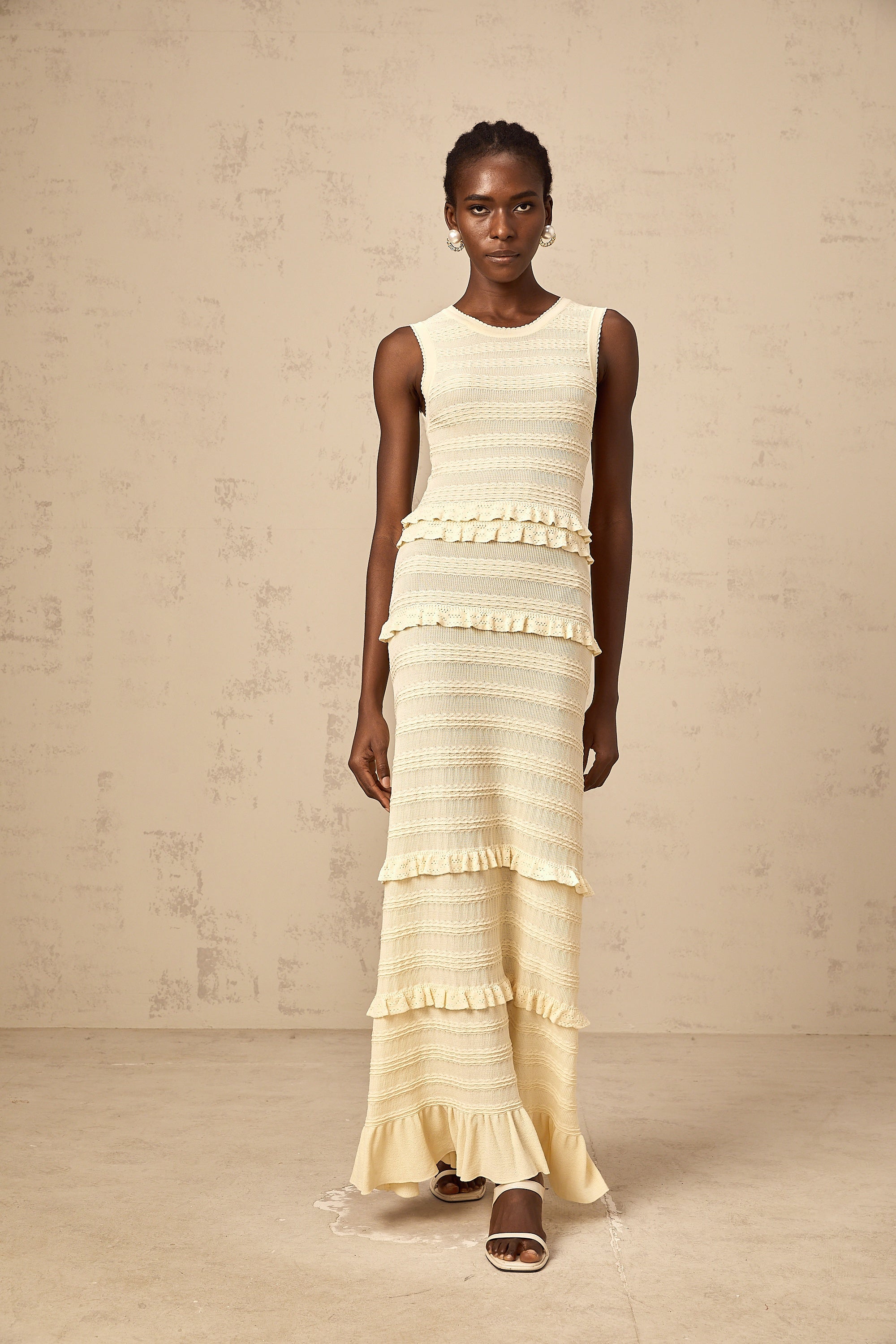 Airelle beige ruffled sleeveless knit maxi dress