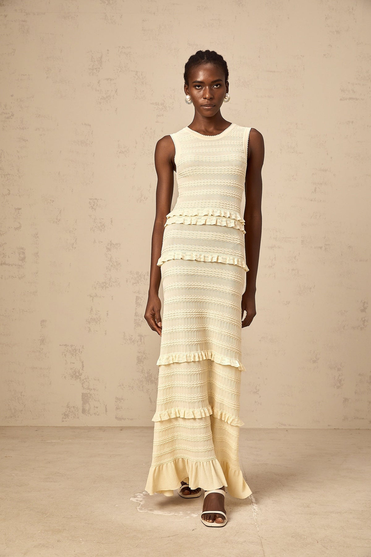 Airelle beige ruffled sleeveless knit maxi dress (Final Sale-US Only)