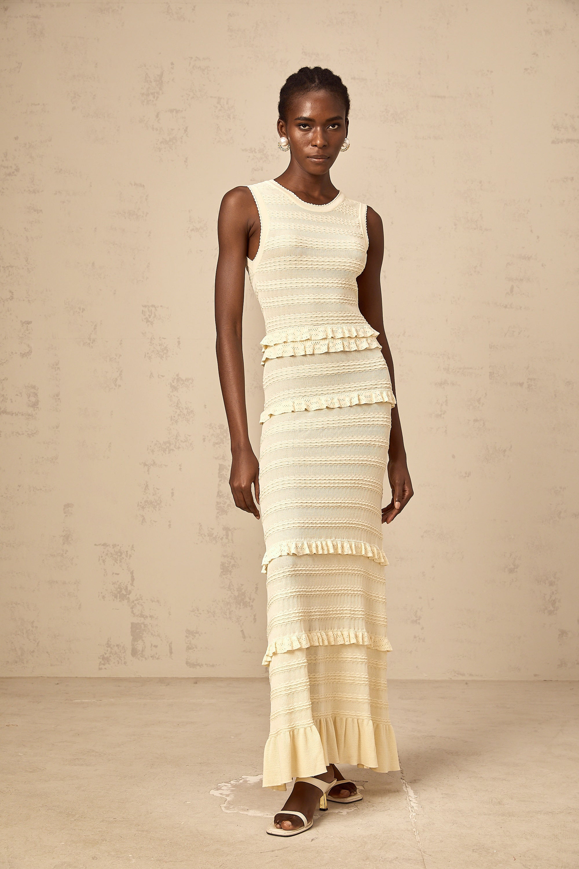Airelle beige ruffled sleeveless knit maxi dress