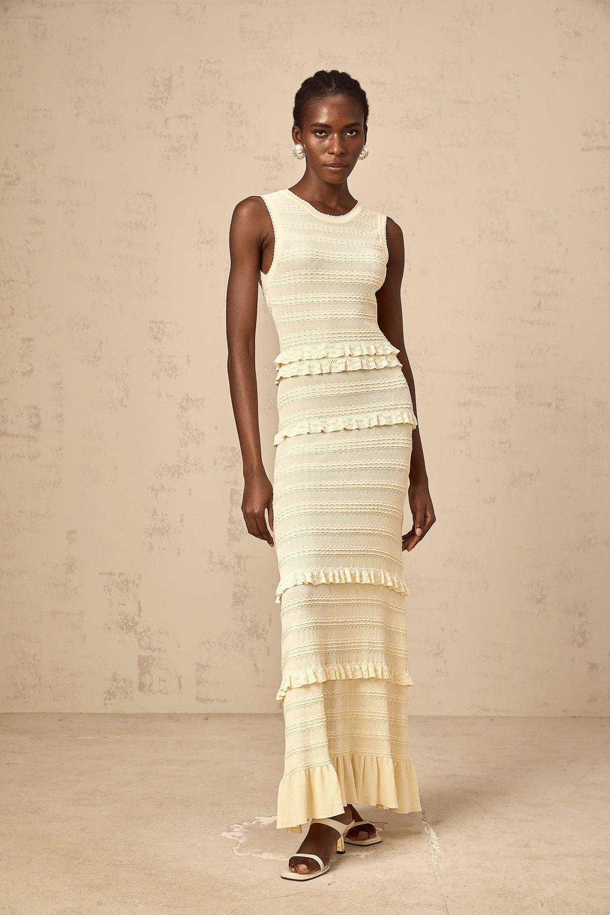 Airelle beige ruffled sleeveless knit maxi dress (Final Sale-US Only)