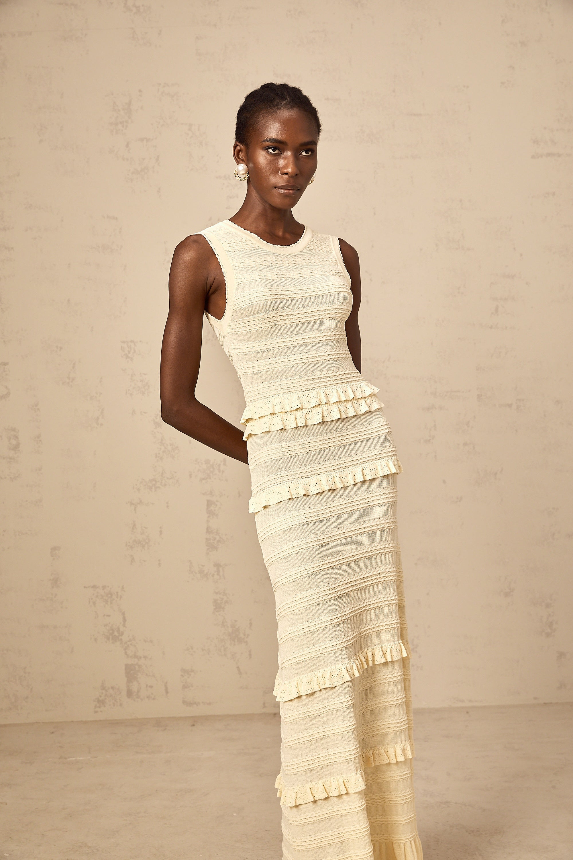 Airelle beige ruffled sleeveless knit maxi dress (Final Sale-US Only)