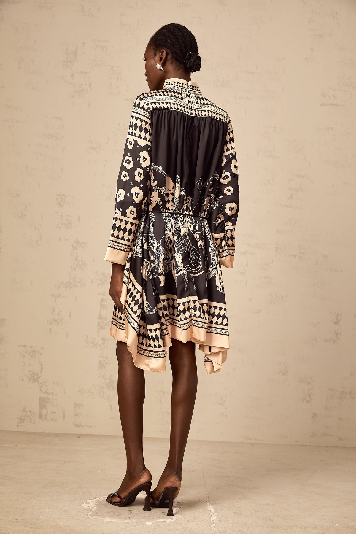 Ingrid black pattern-print tied mini dress