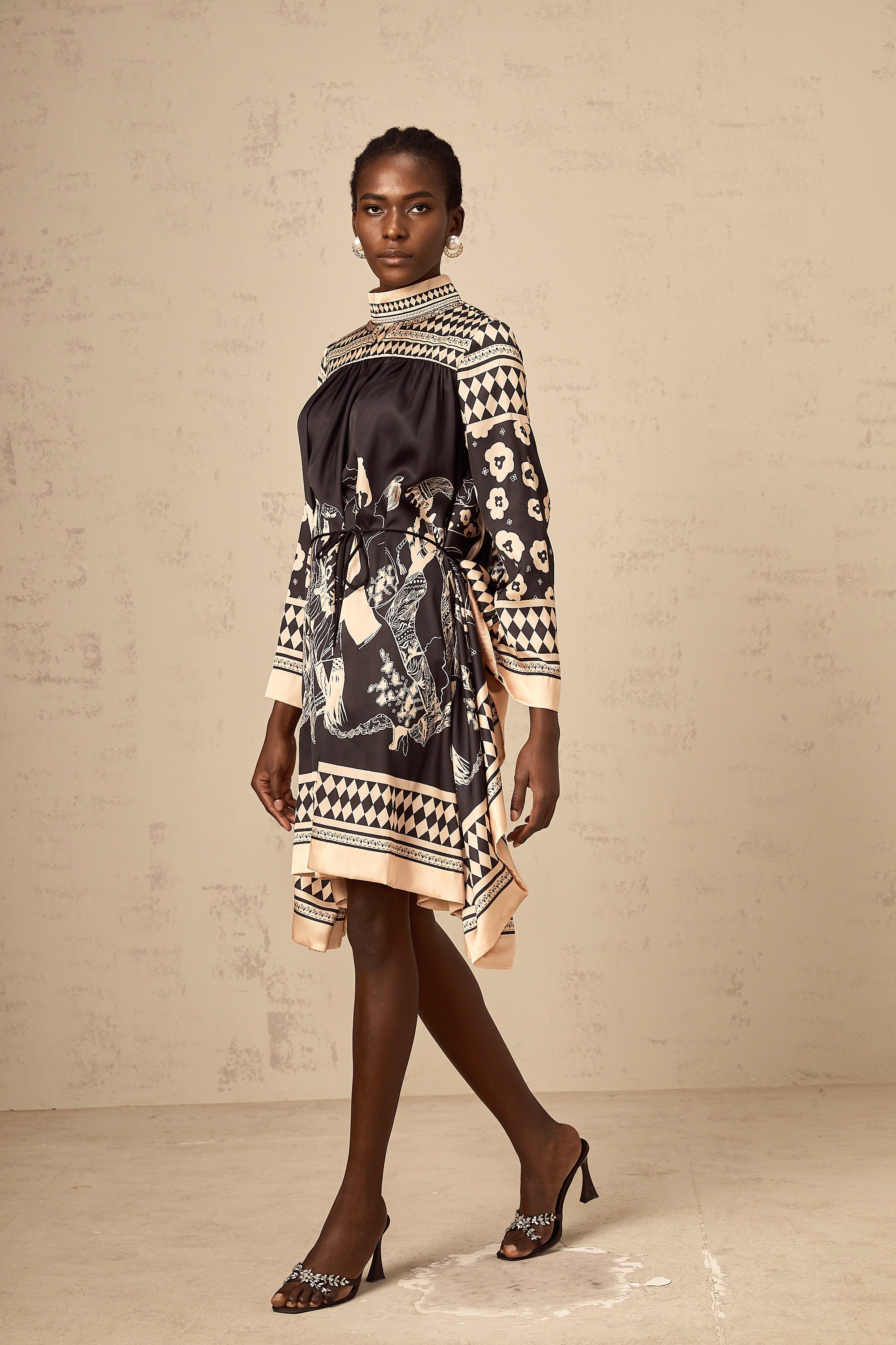 Ingrid black pattern-print tied mini dress