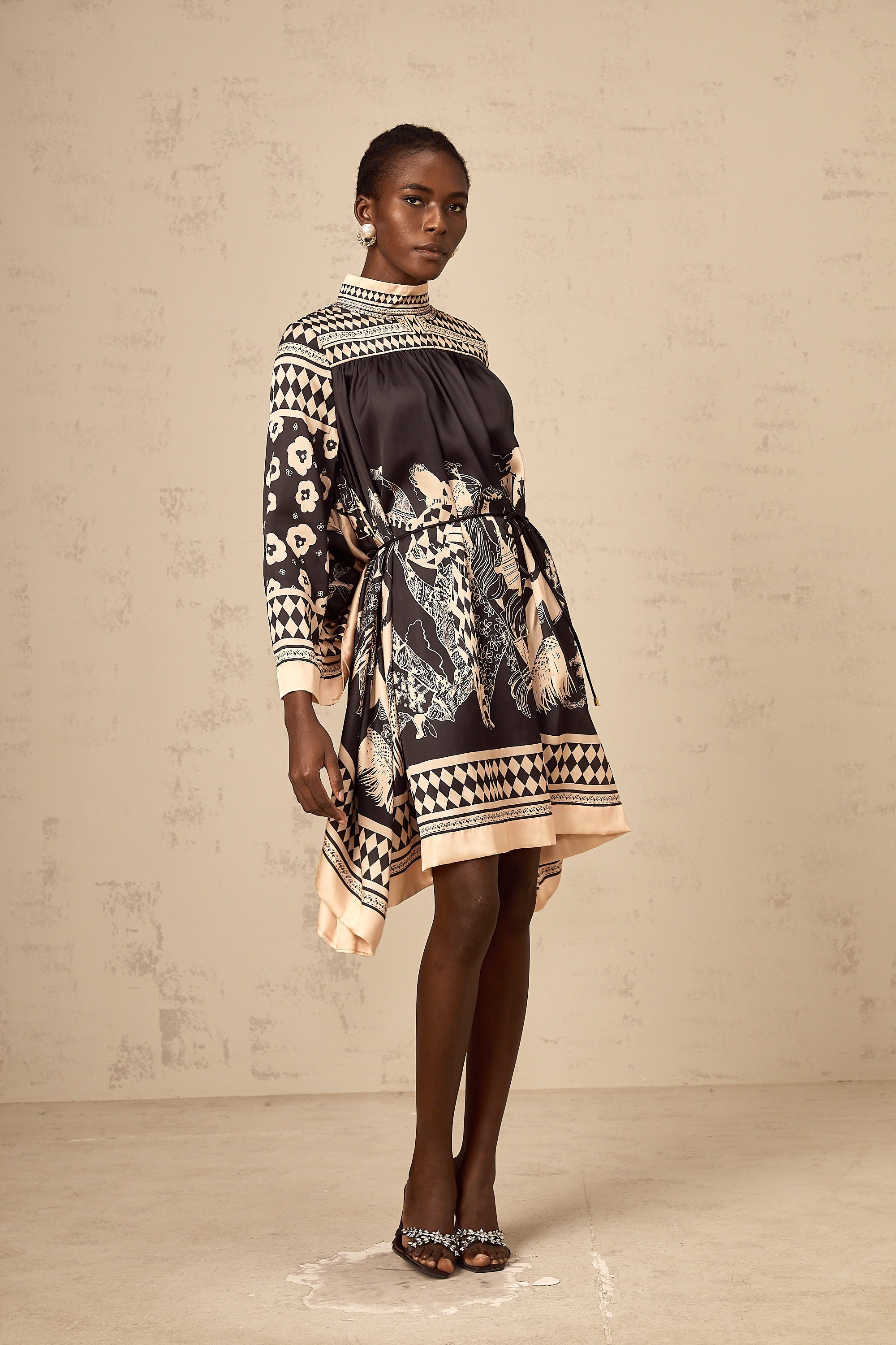 Ingrid black pattern-print tied mini dress