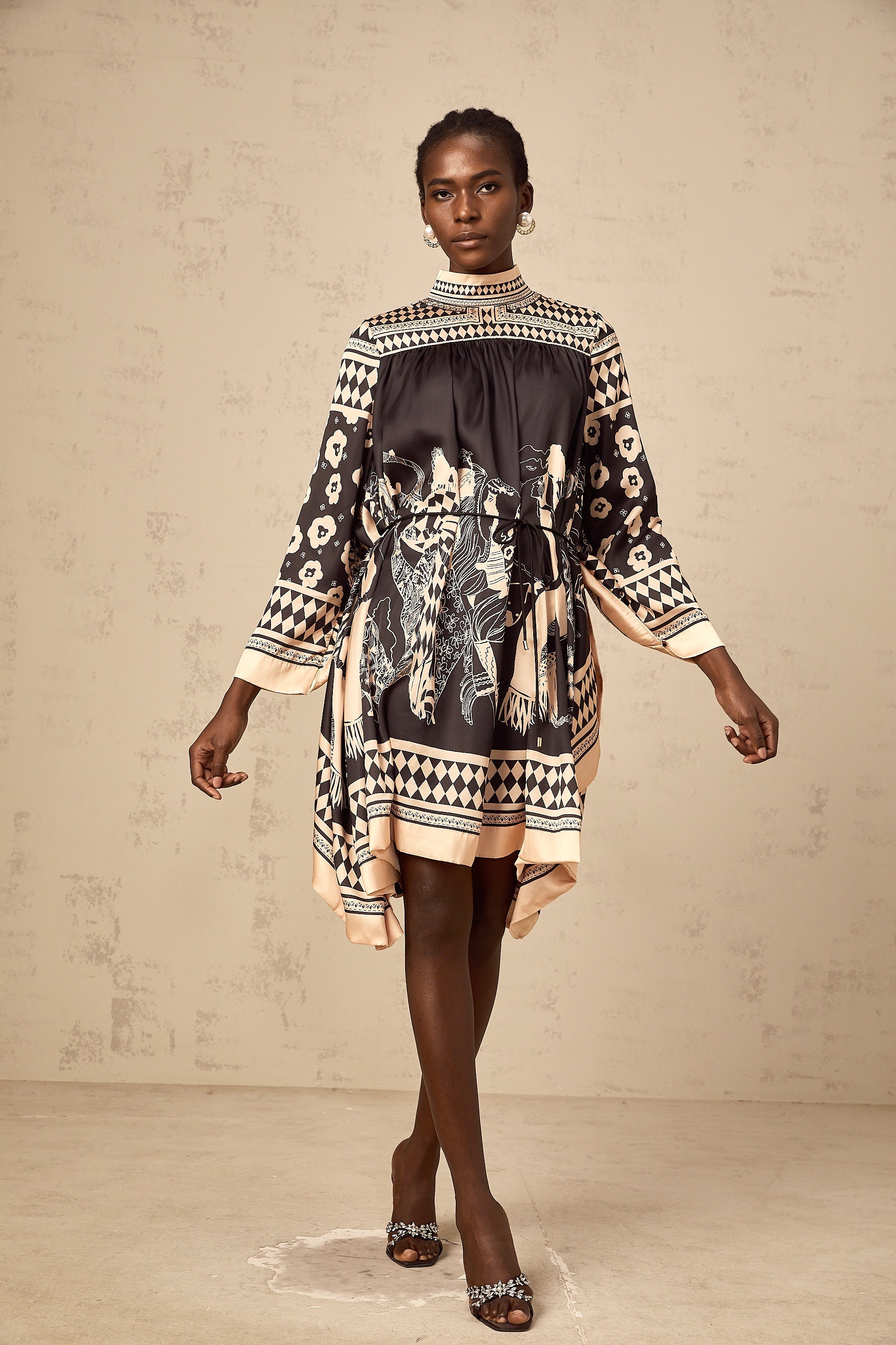 Ingrid black pattern-print tied mini dress