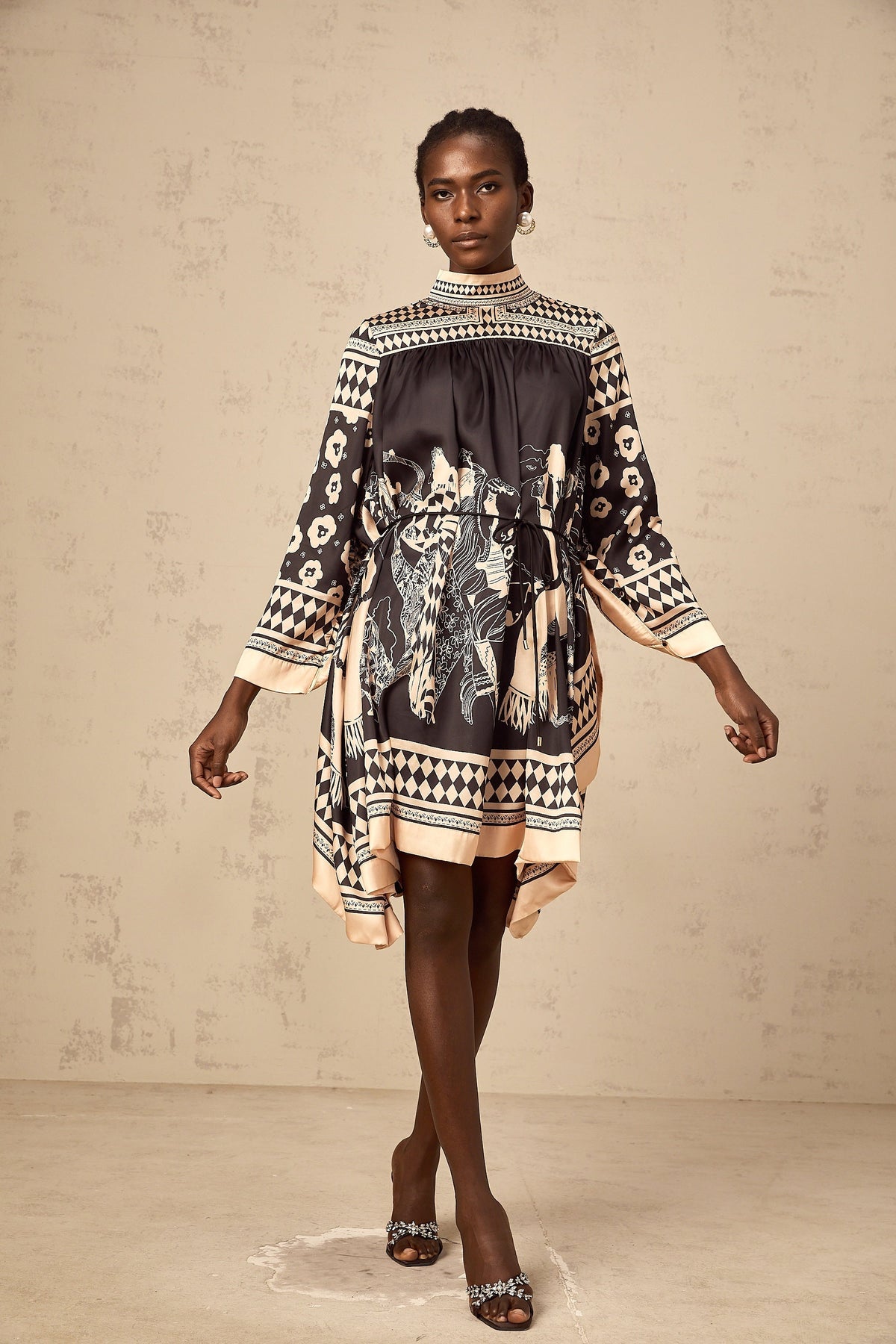 Ingrid black pattern-print tied mini dress