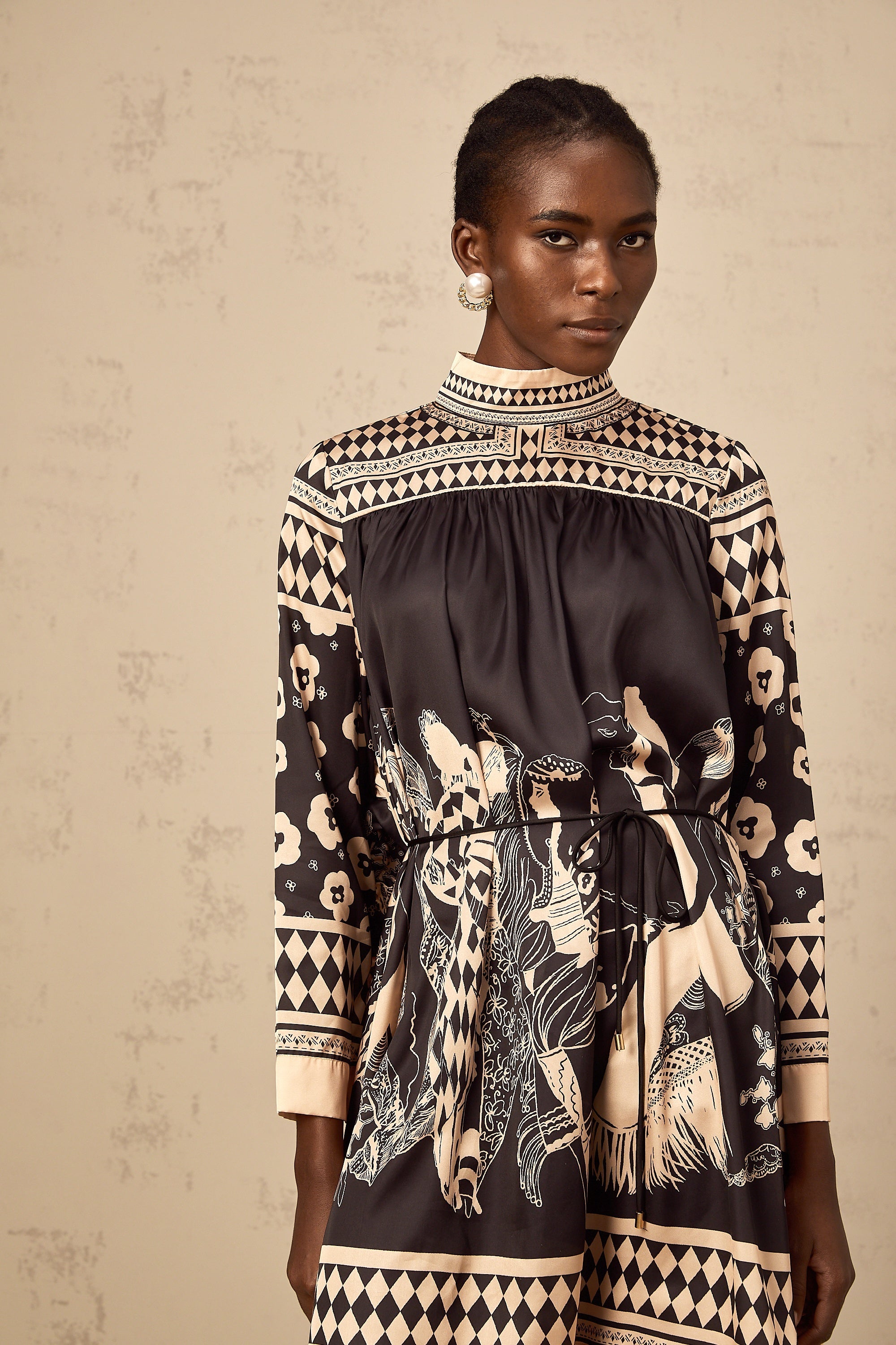 Ingrid black pattern-print tied mini dress