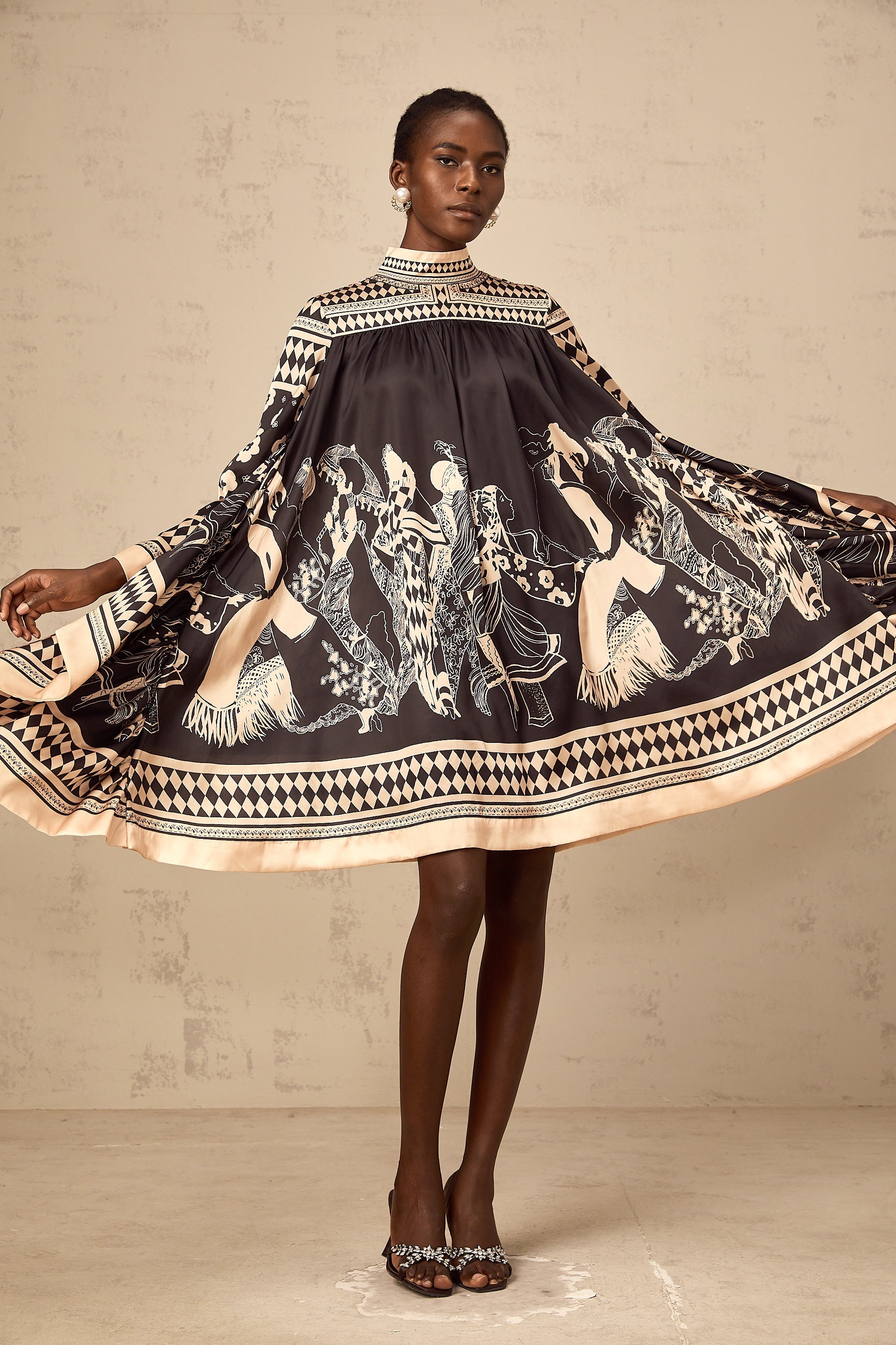 Ingrid black pattern-print tied mini dress