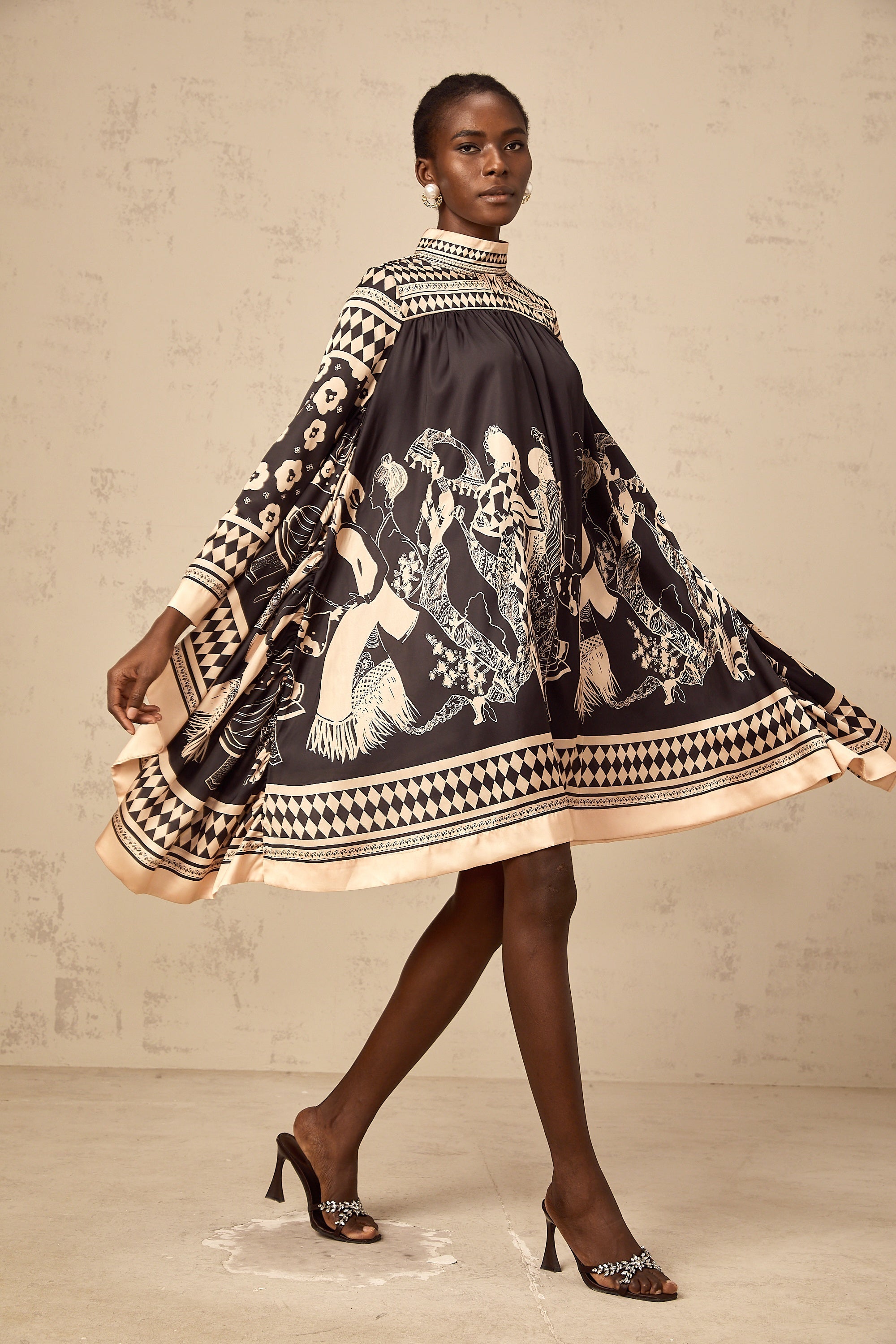 Ingrid black pattern-print tied mini dress