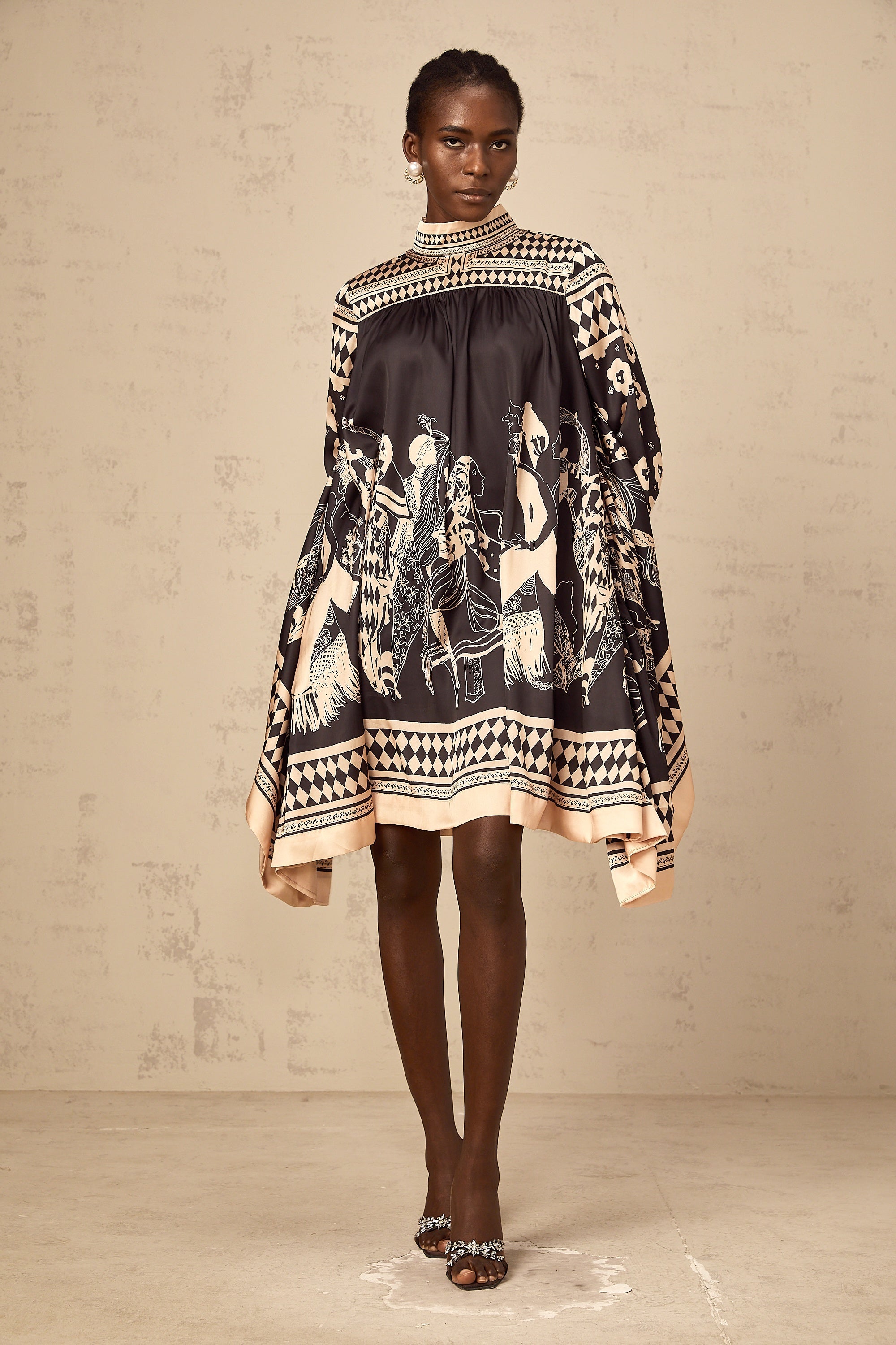 Ingrid black pattern-print tied mini dress