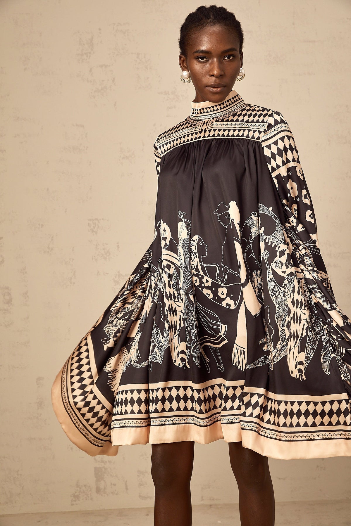 Ingrid black pattern-print tied mini dress