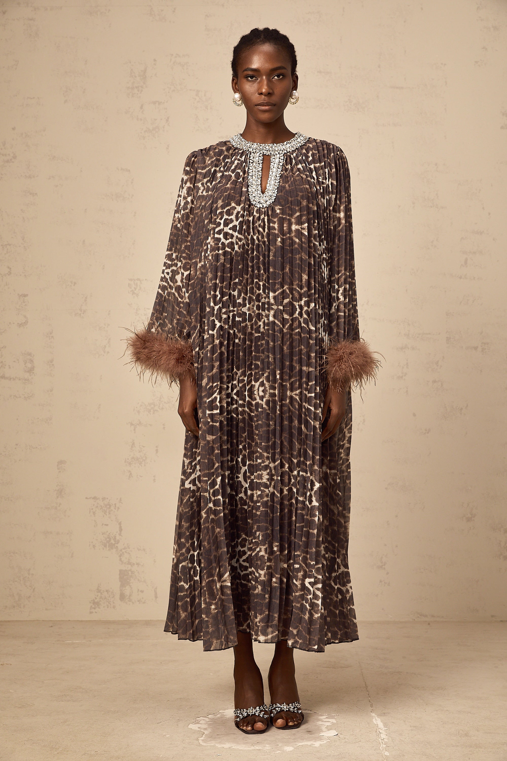 Marthe brown embellished leopard-print pleated midi dress