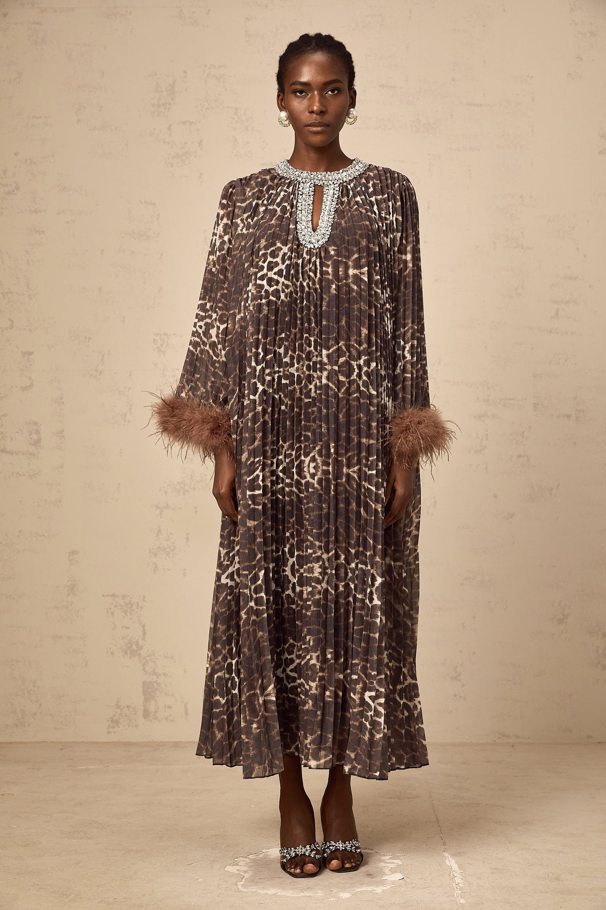 Marthe brown embellished leopard-print pleated midi dress