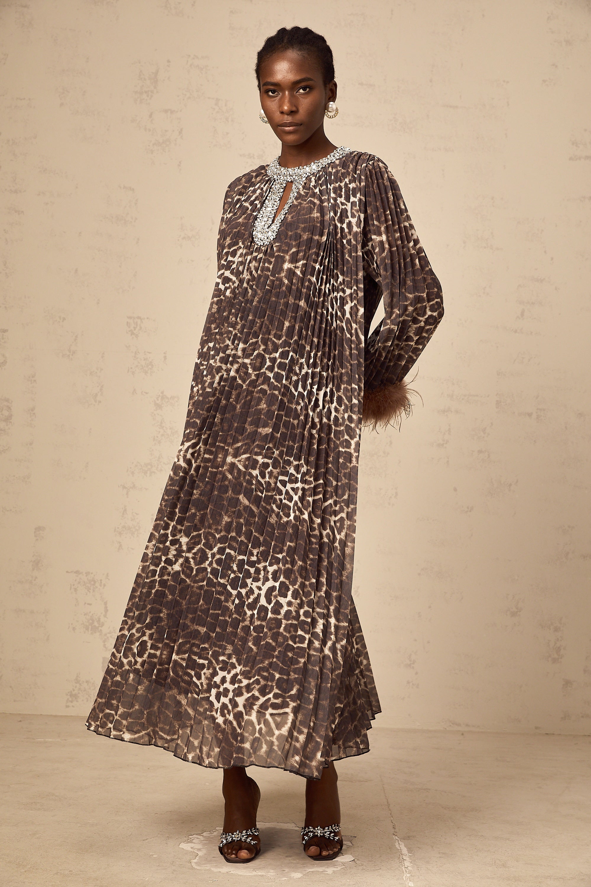 Marthe brown embellished leopard-print pleated midi dress
