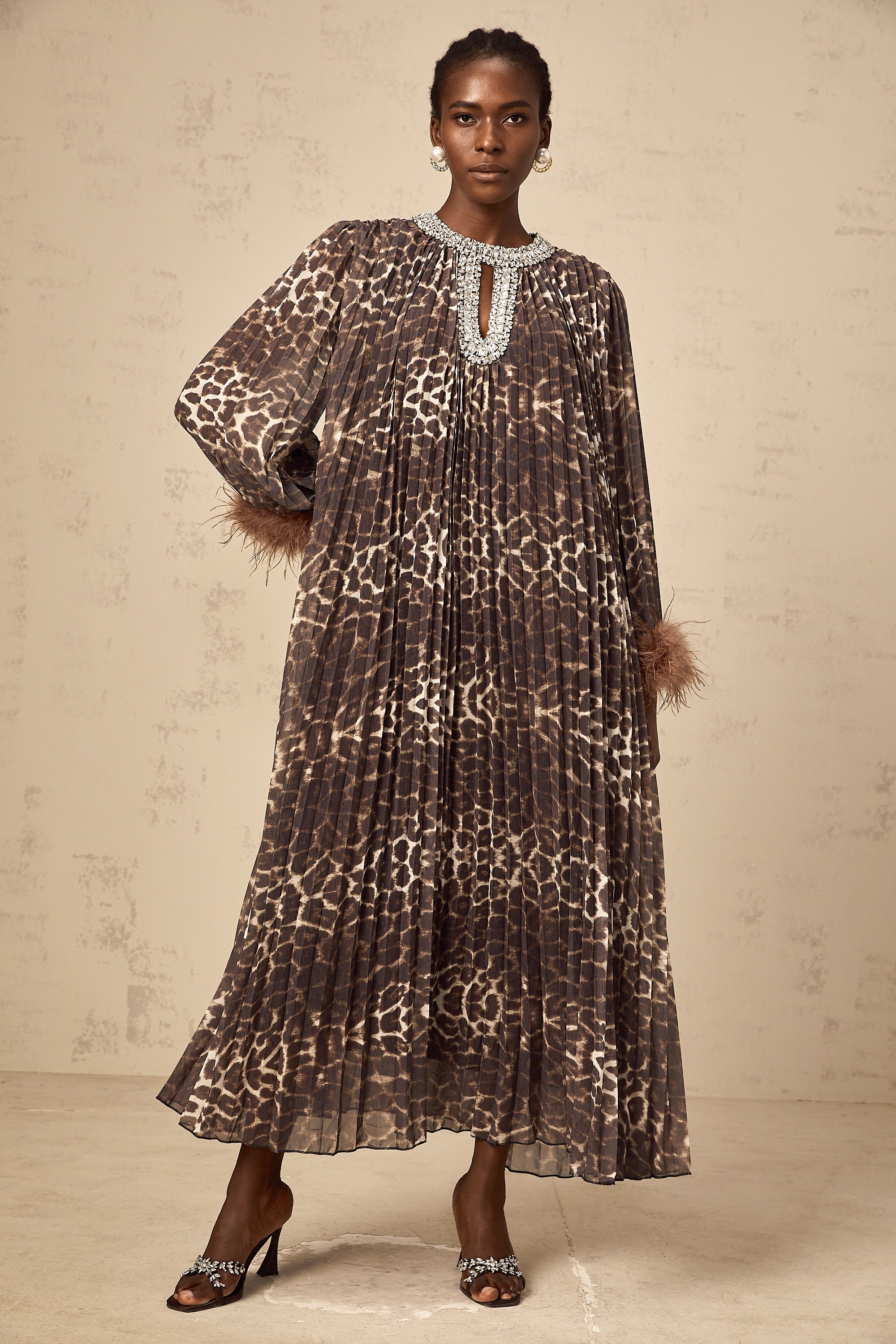 Marthe brown embellished leopard-print pleated midi dress