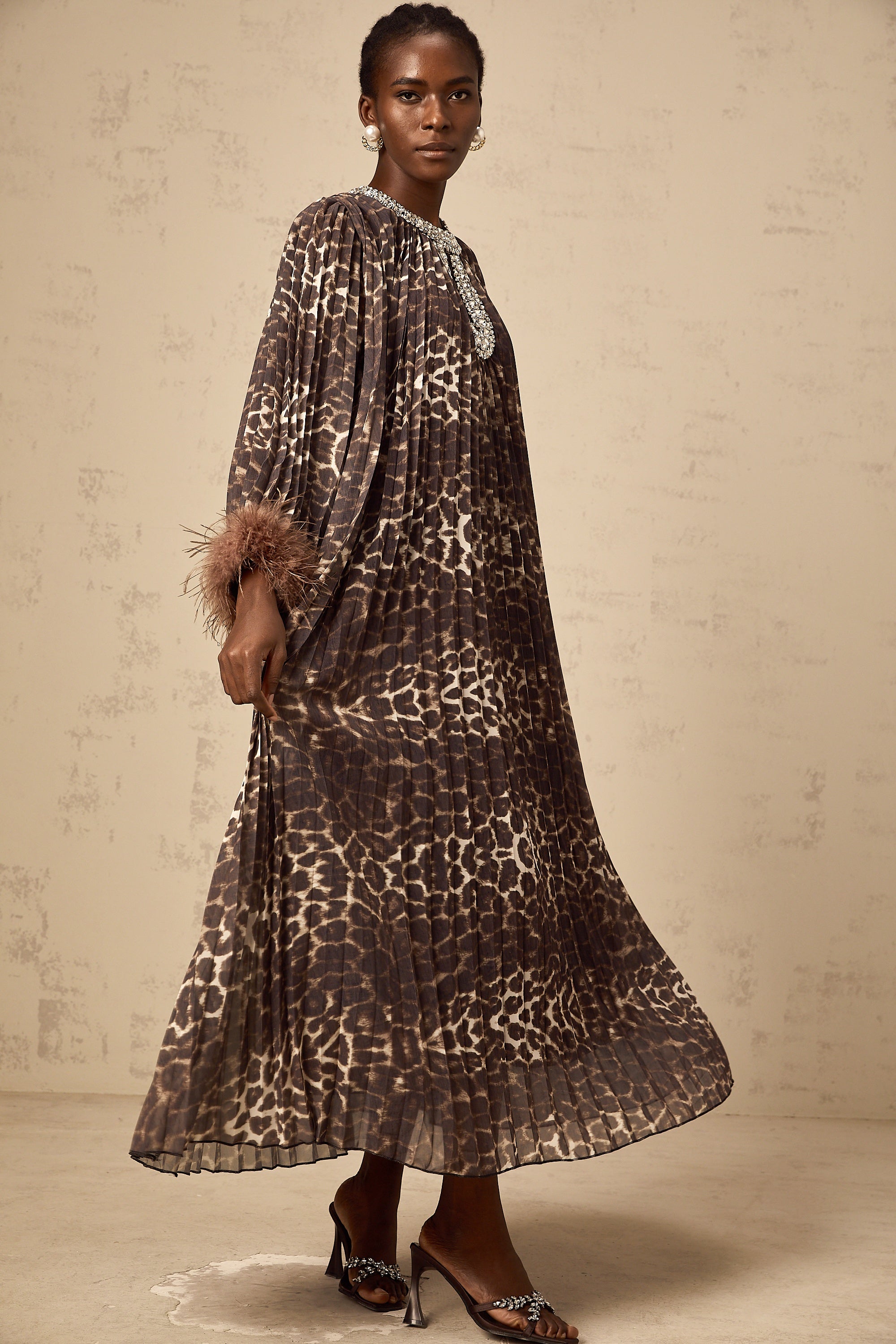 Marthe brown embellished leopard-print pleated midi dress