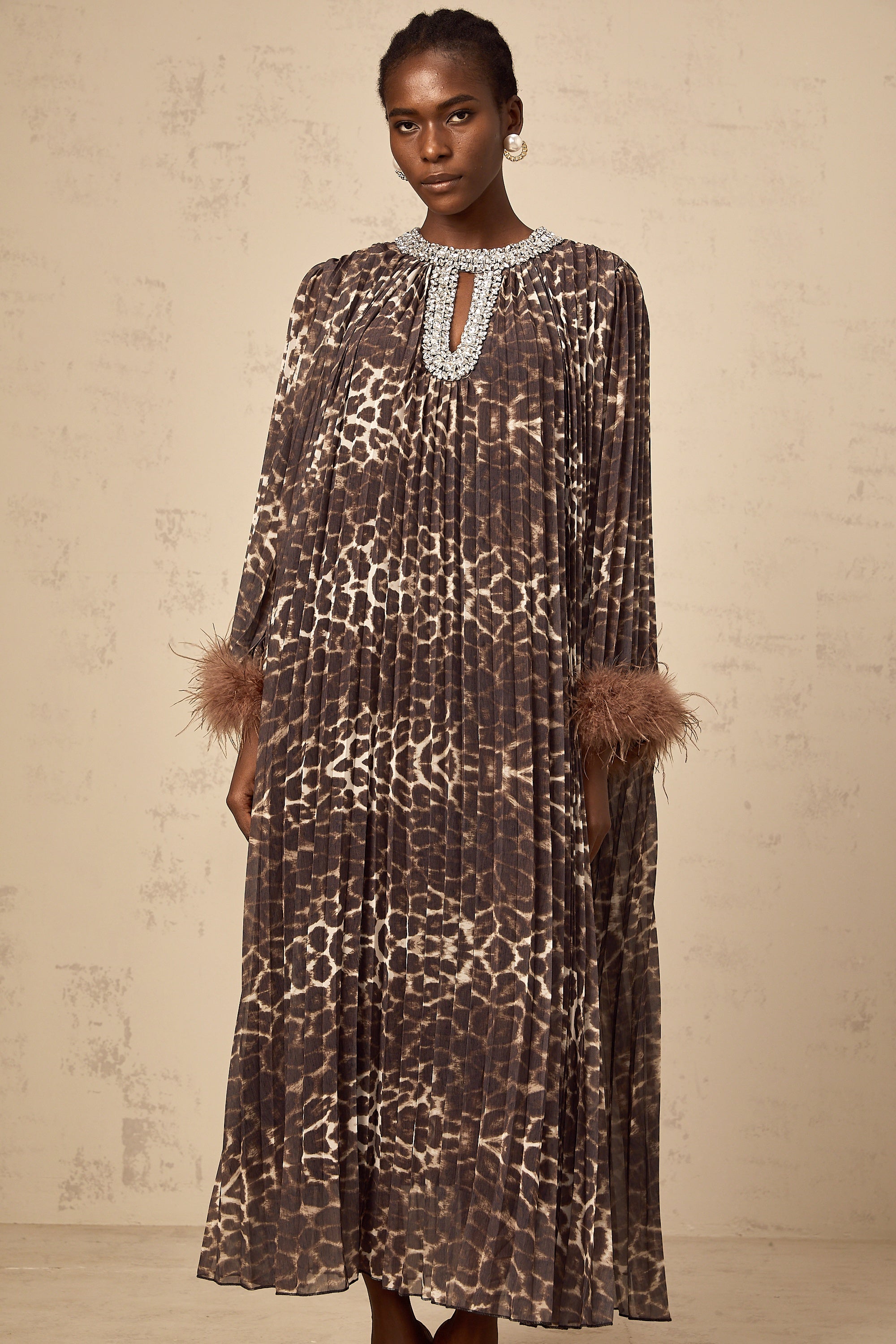 Marthe brown embellished leopard-print pleated midi dress