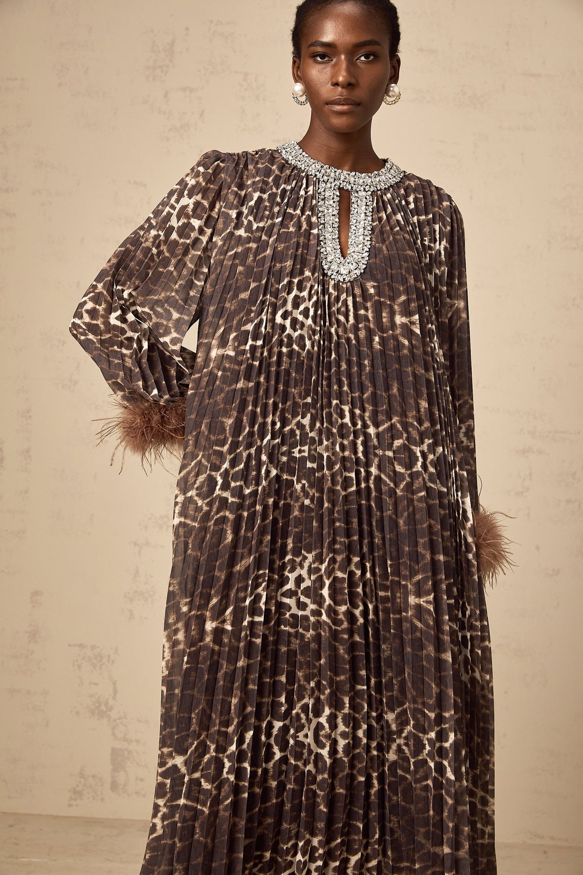Marthe brown embellished leopard-print pleated midi dress