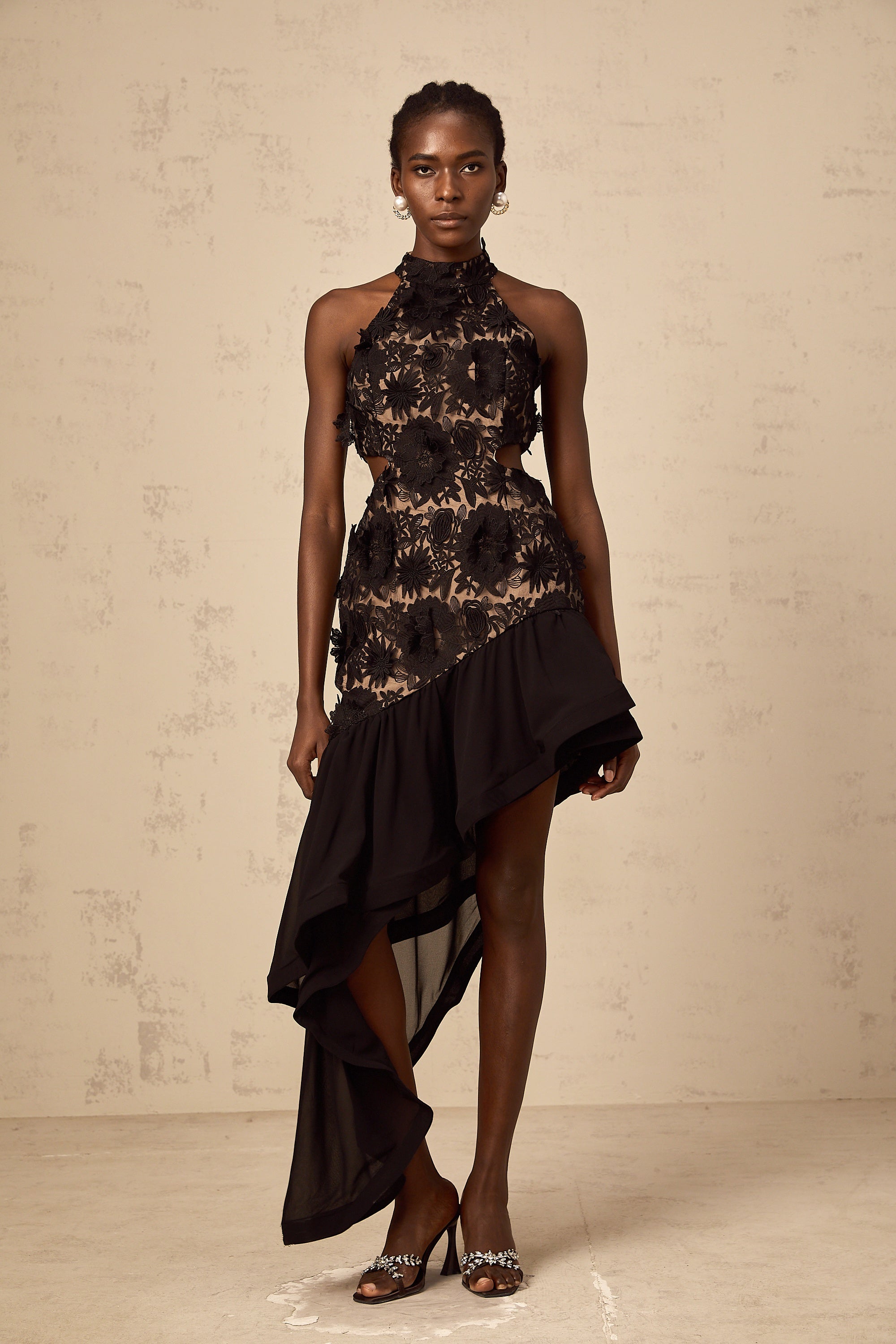 Bernadette black floral-appliqué asymmetrical midi dress