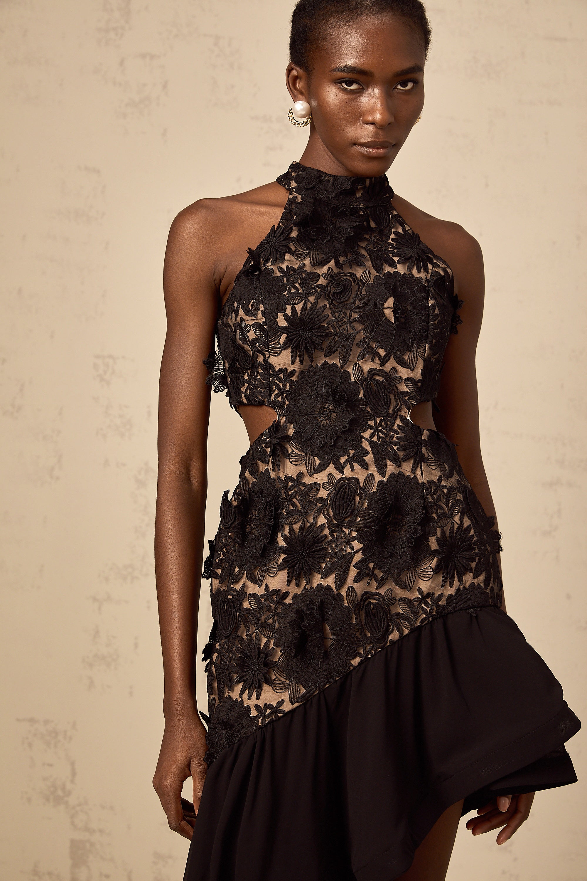 Bernadette black floral-appliqué asymmetrical midi dress