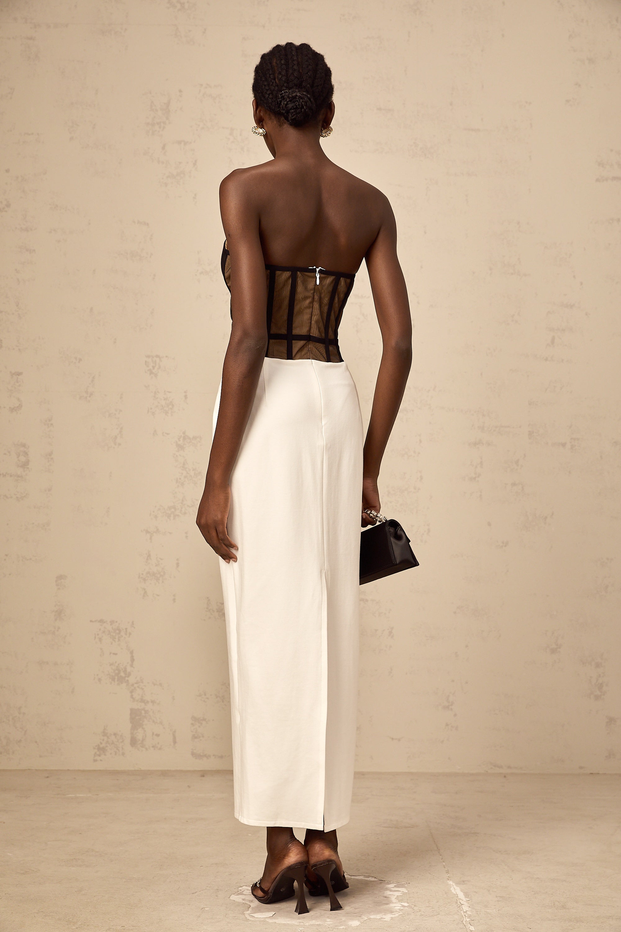 Enora contrast-color sheer corset maxi dress