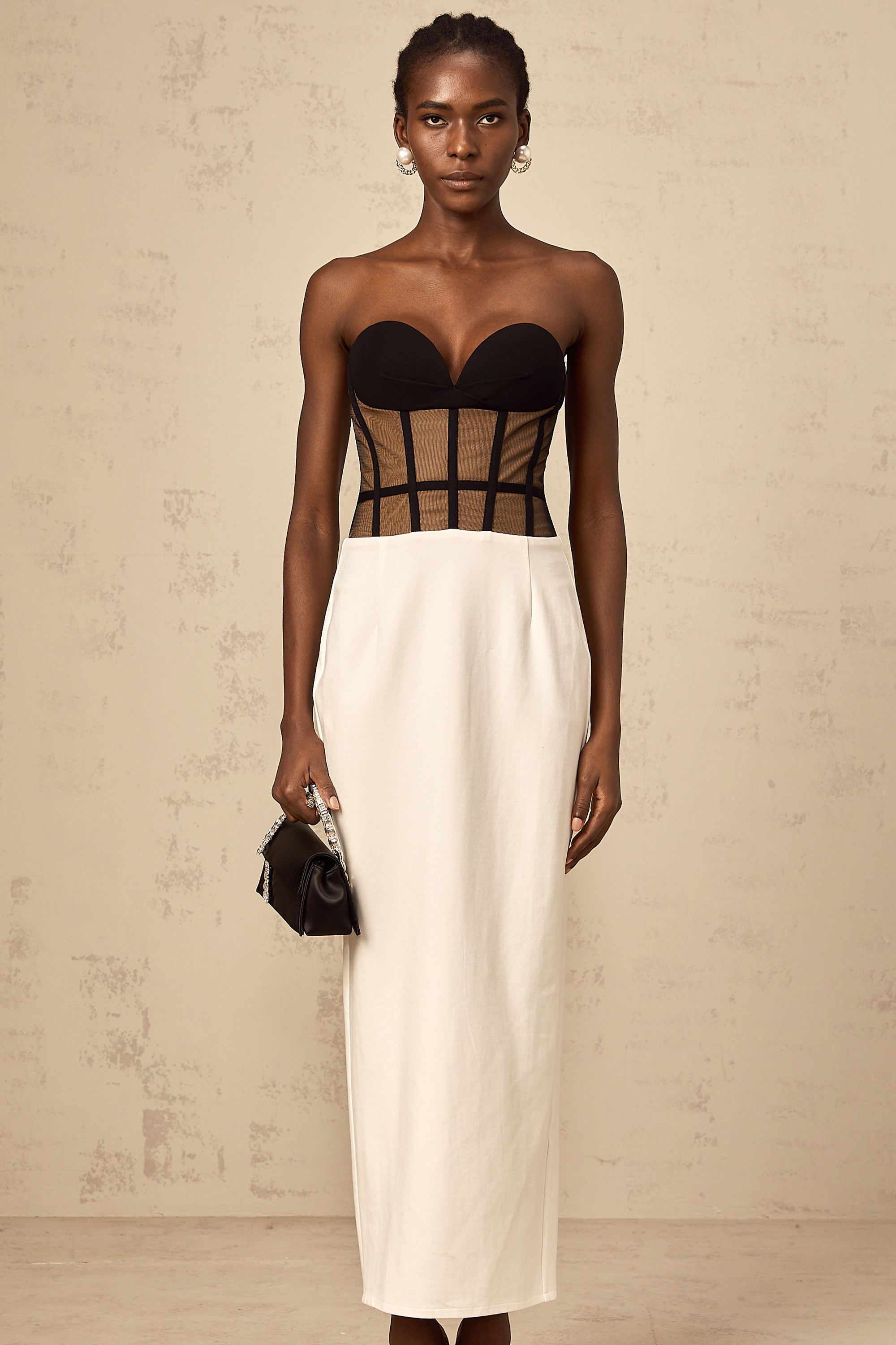 Enora contrast-color sheer corset maxi dress