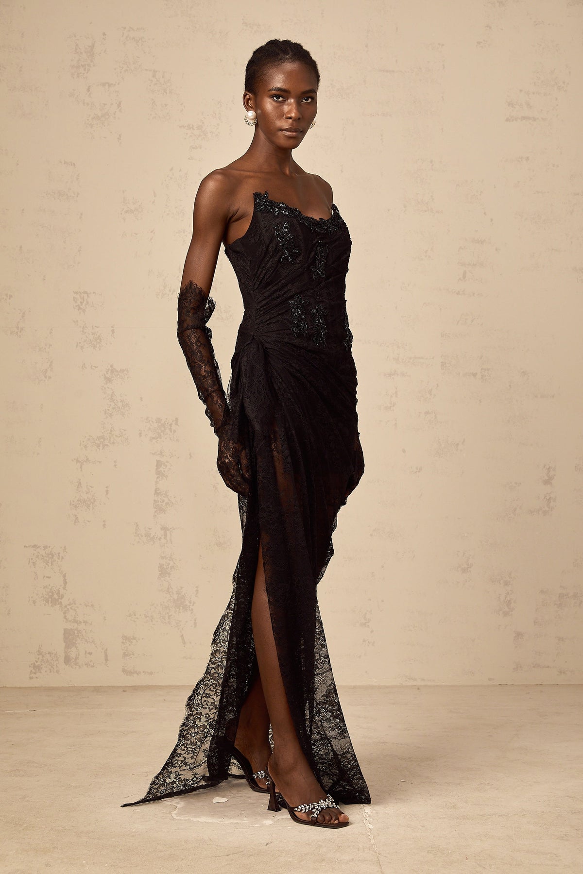 Sylvie black beaded asymmetrical lace maxi dress