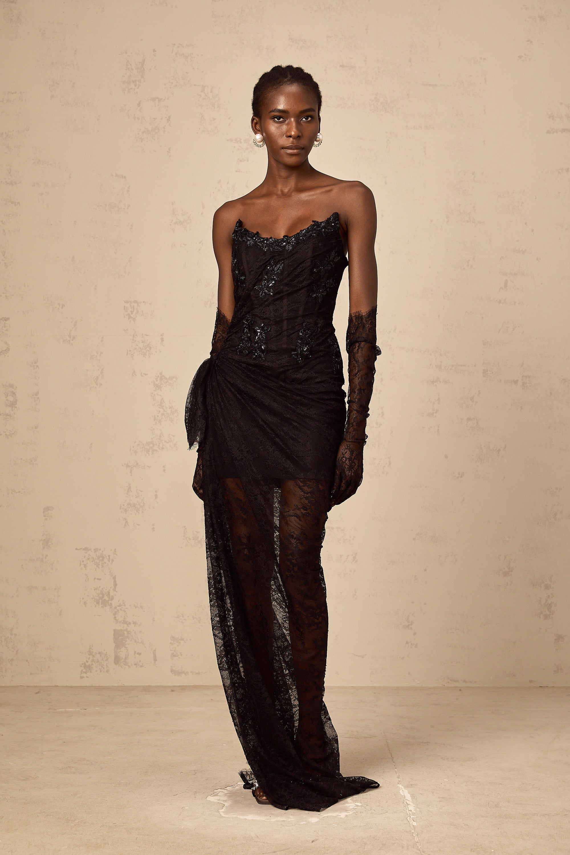 Sylvie black beaded asymmetrical lace maxi dress