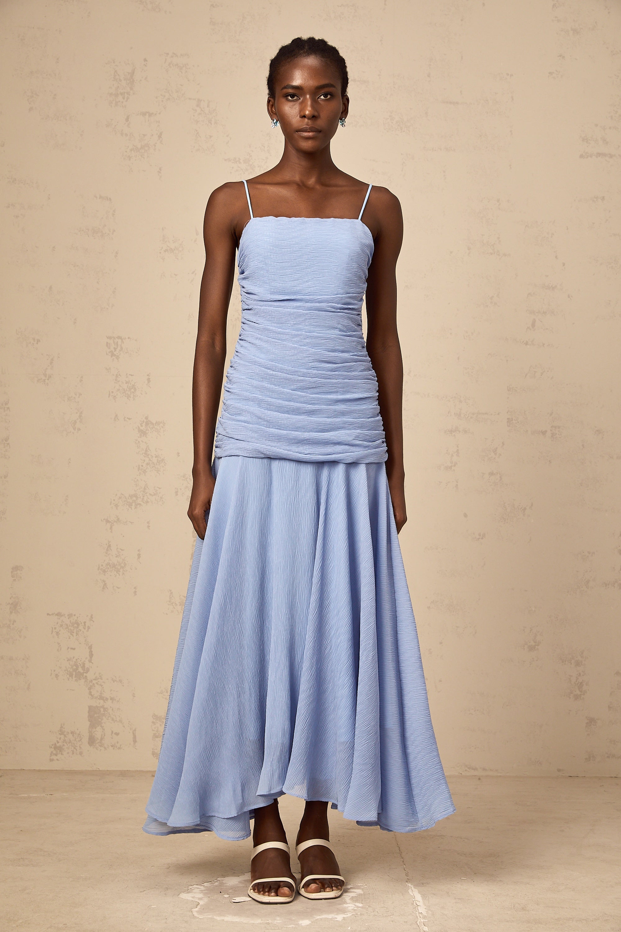 Marion blue ruched chiffon maxi dress