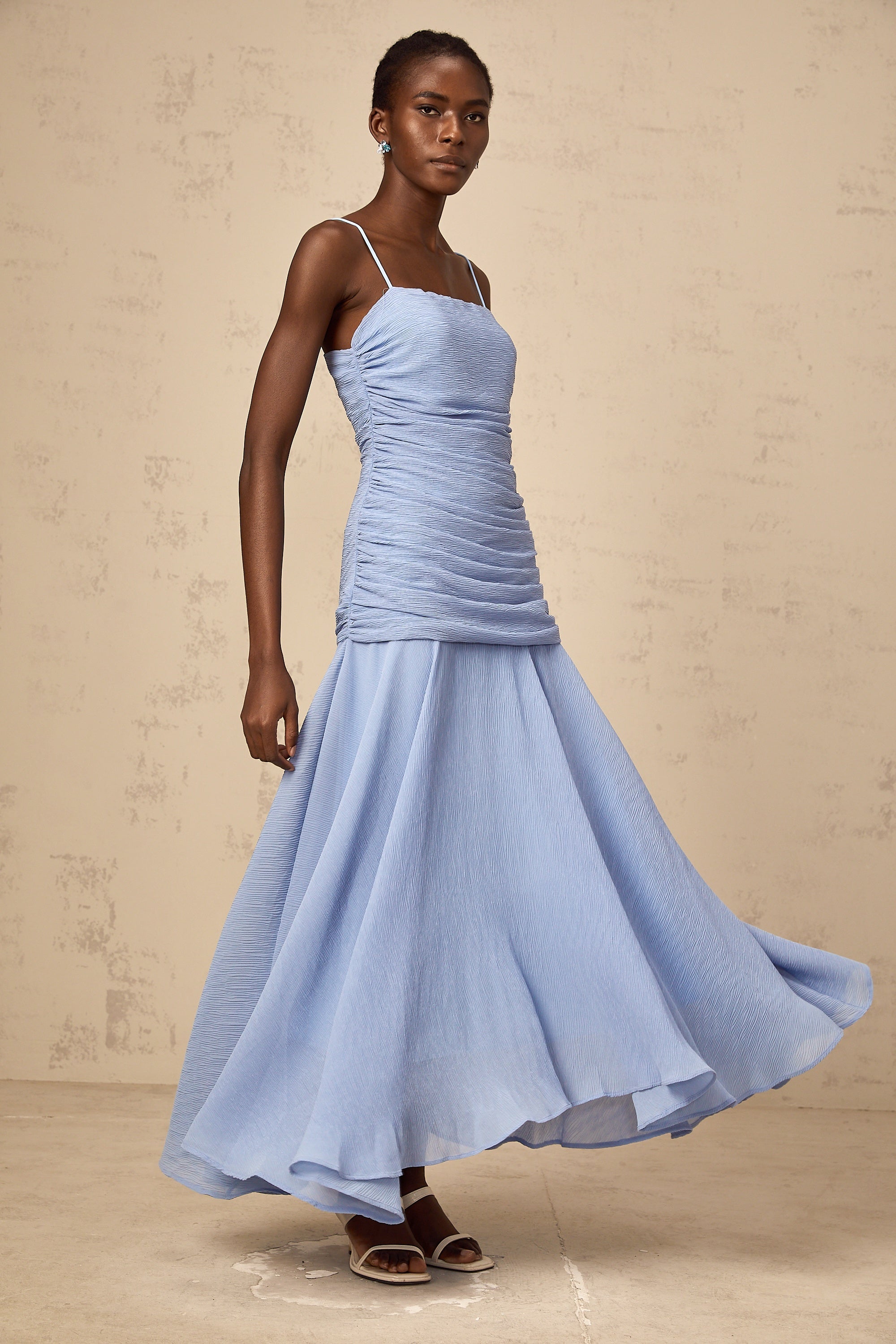 Marion blue ruched chiffon maxi dress