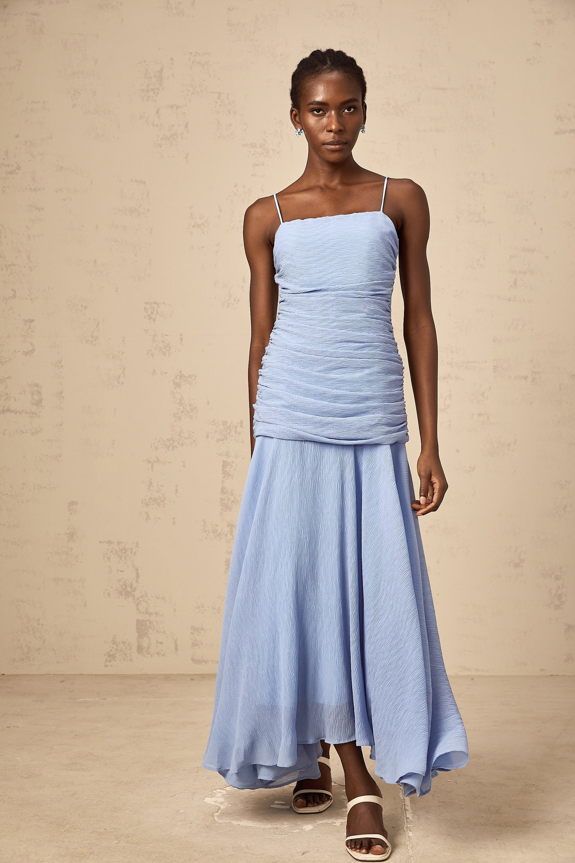 Marion blue ruched chiffon maxi dress