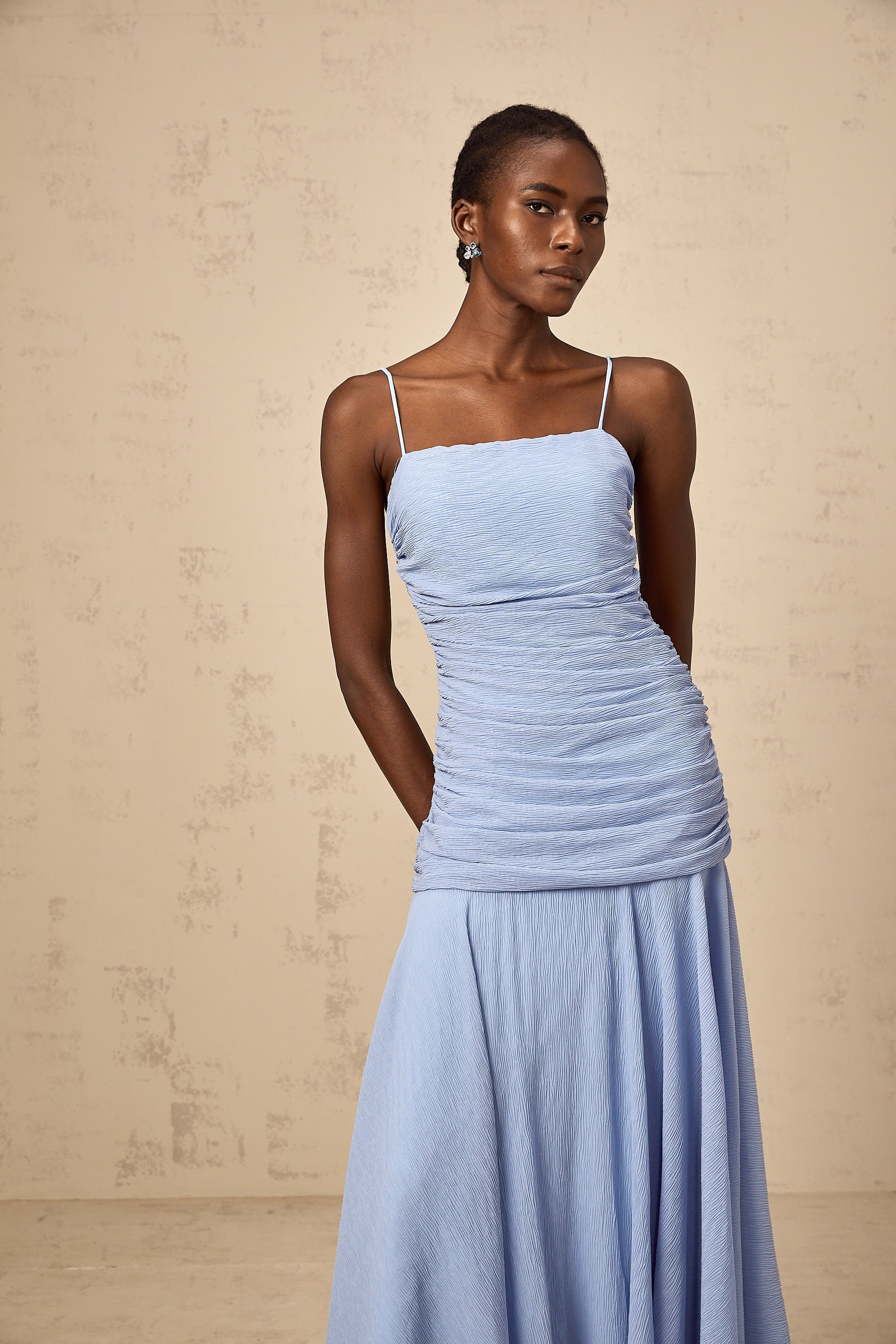Marion blue ruched chiffon maxi dress