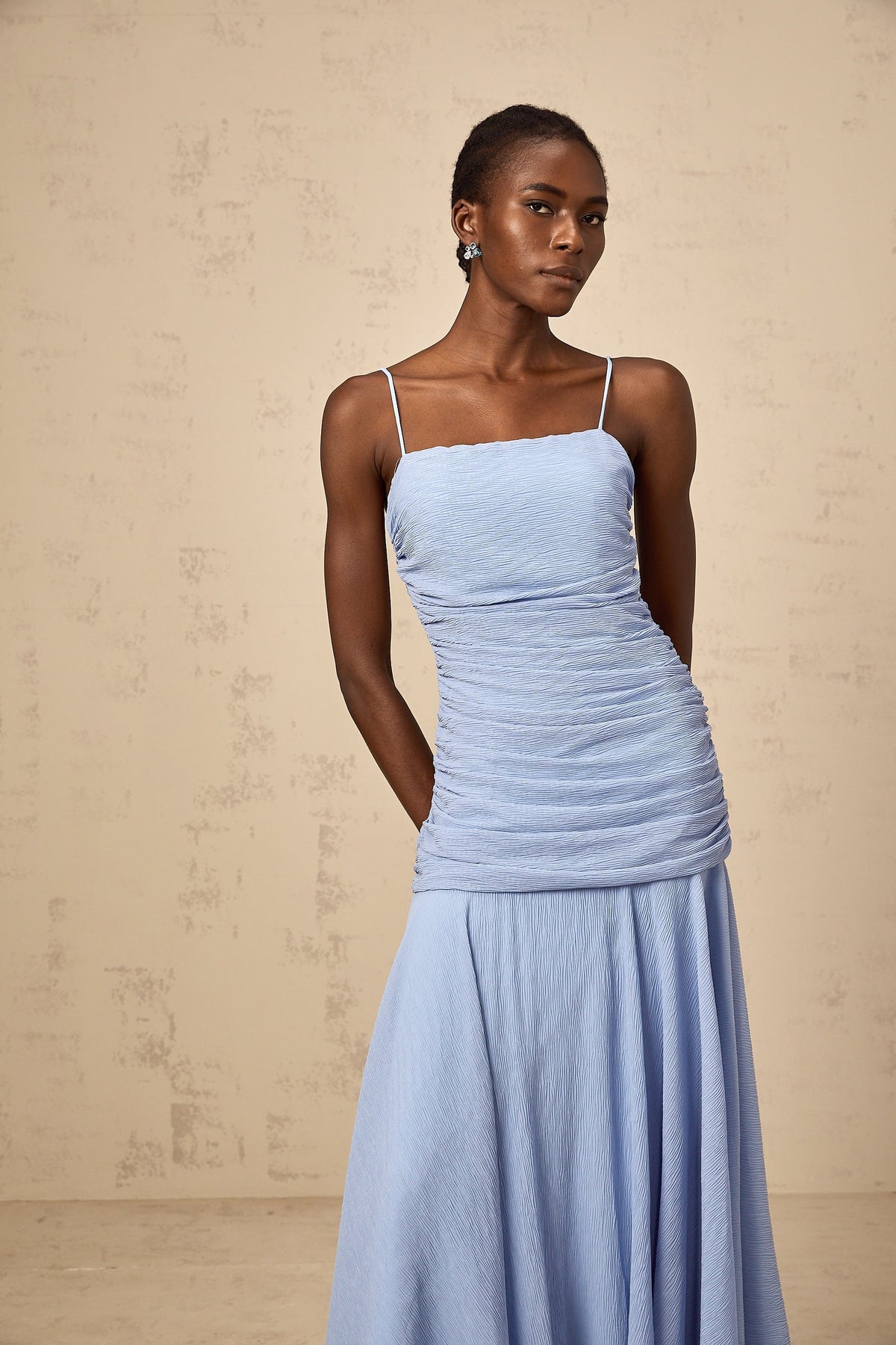 Marion blue ruched chiffon maxi dress