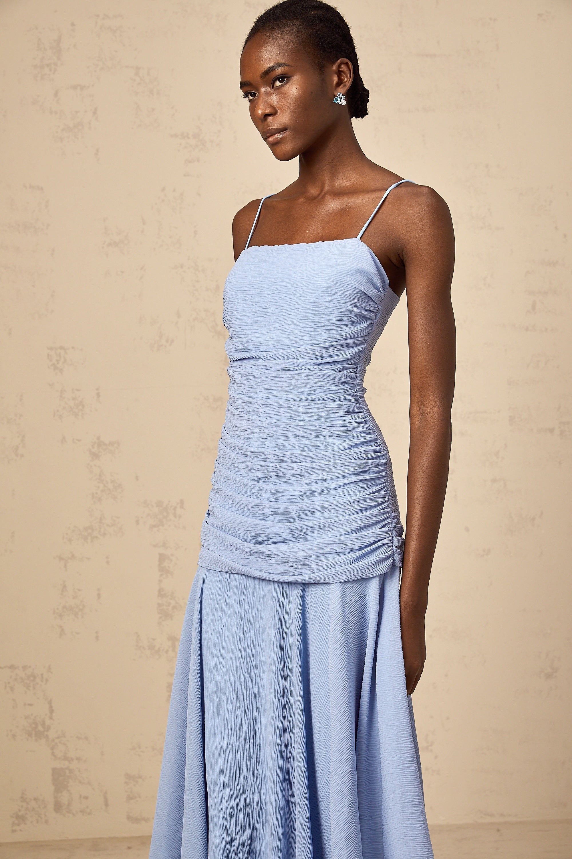 Marion blue ruched chiffon maxi dress