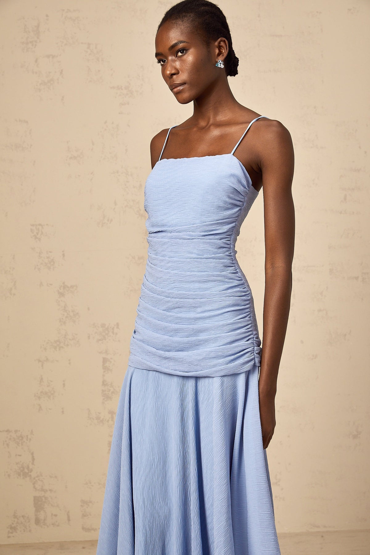Marion blue ruched chiffon maxi dress