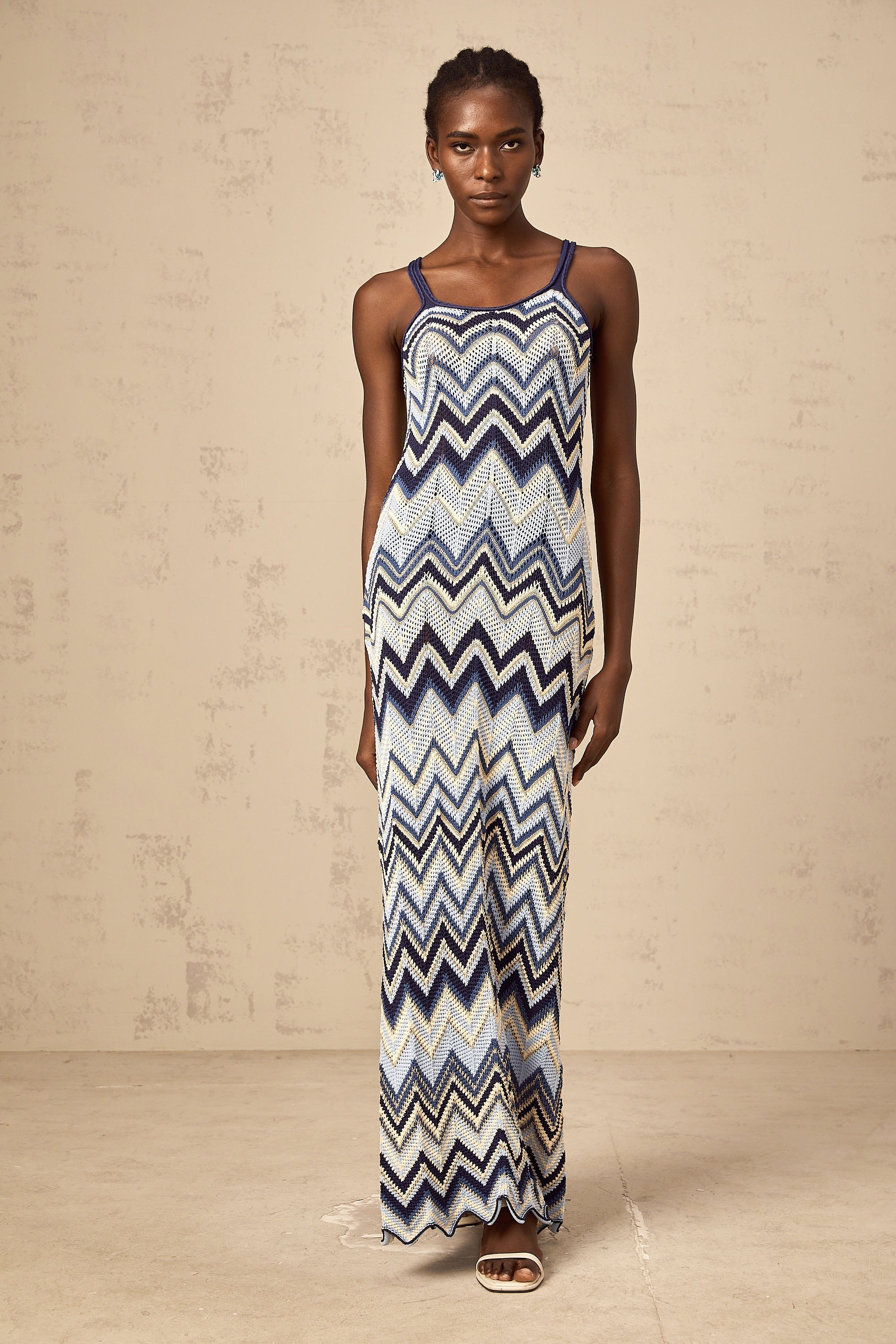 Irina blue zigzag-woven pointelle-knit maxi dress