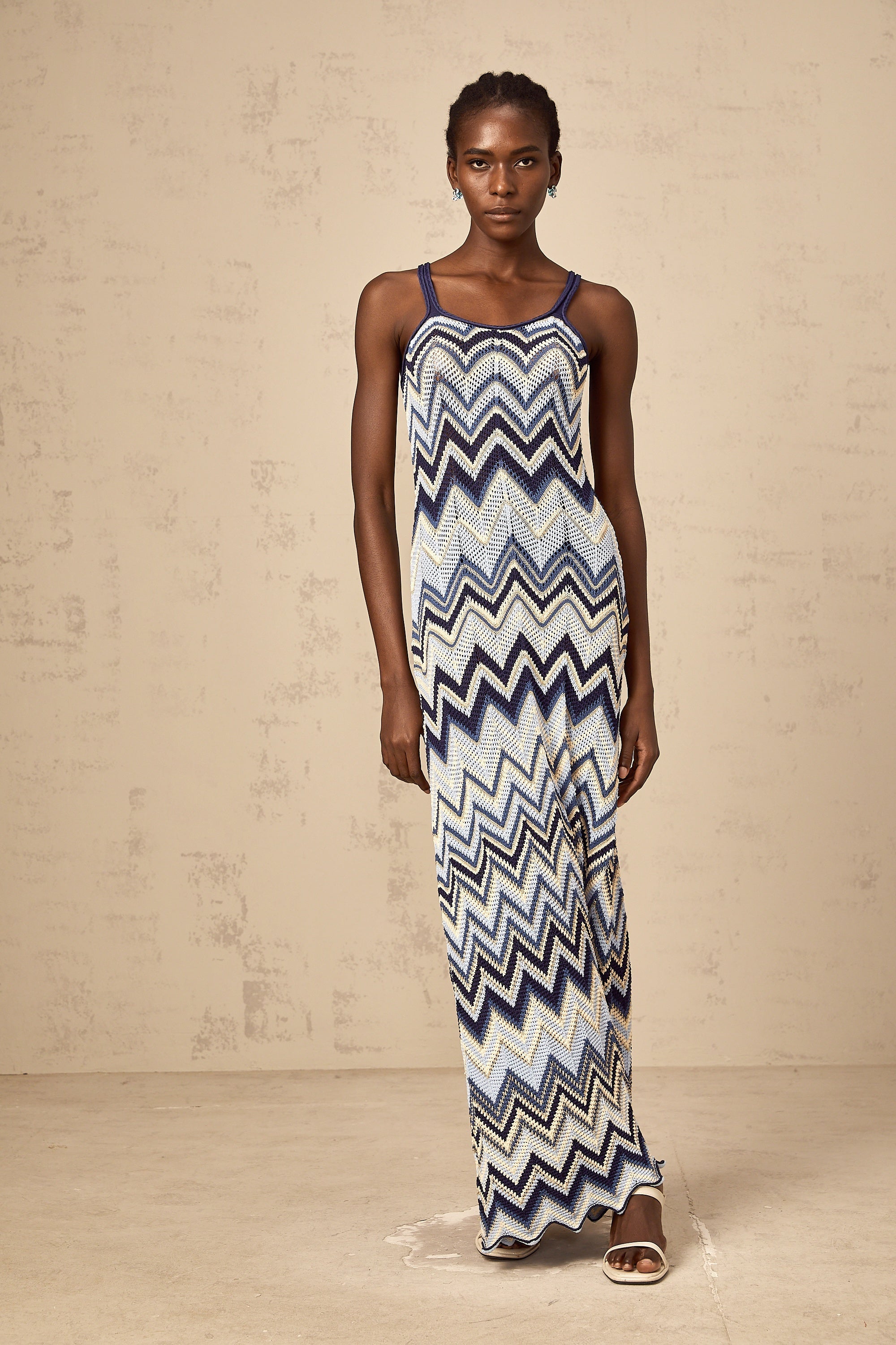 Irina blue zigzag-woven pointelle-knit maxi dress