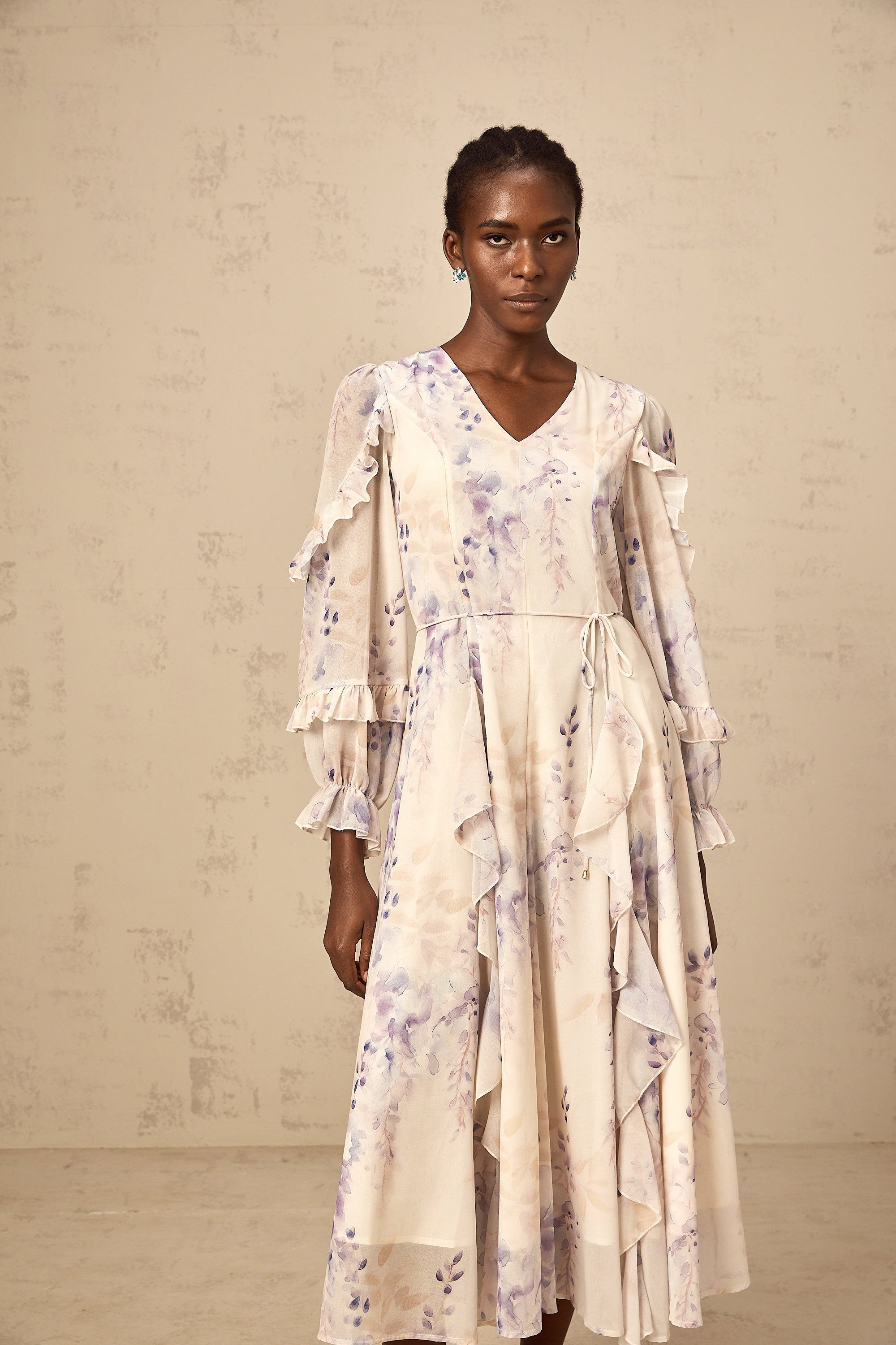 Vivien neutrals wistaria-print flared midi dress