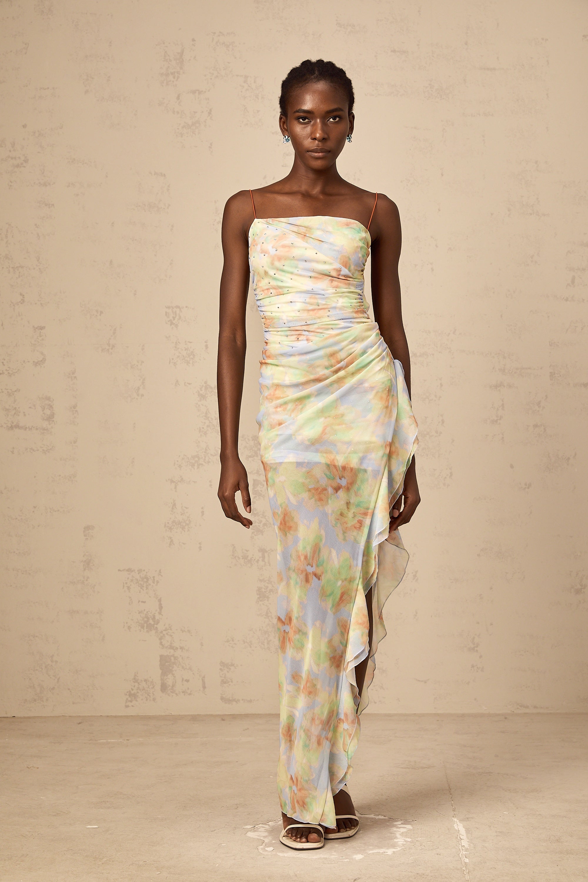 Yseult asymmetrical floral-print ruched maxi dress