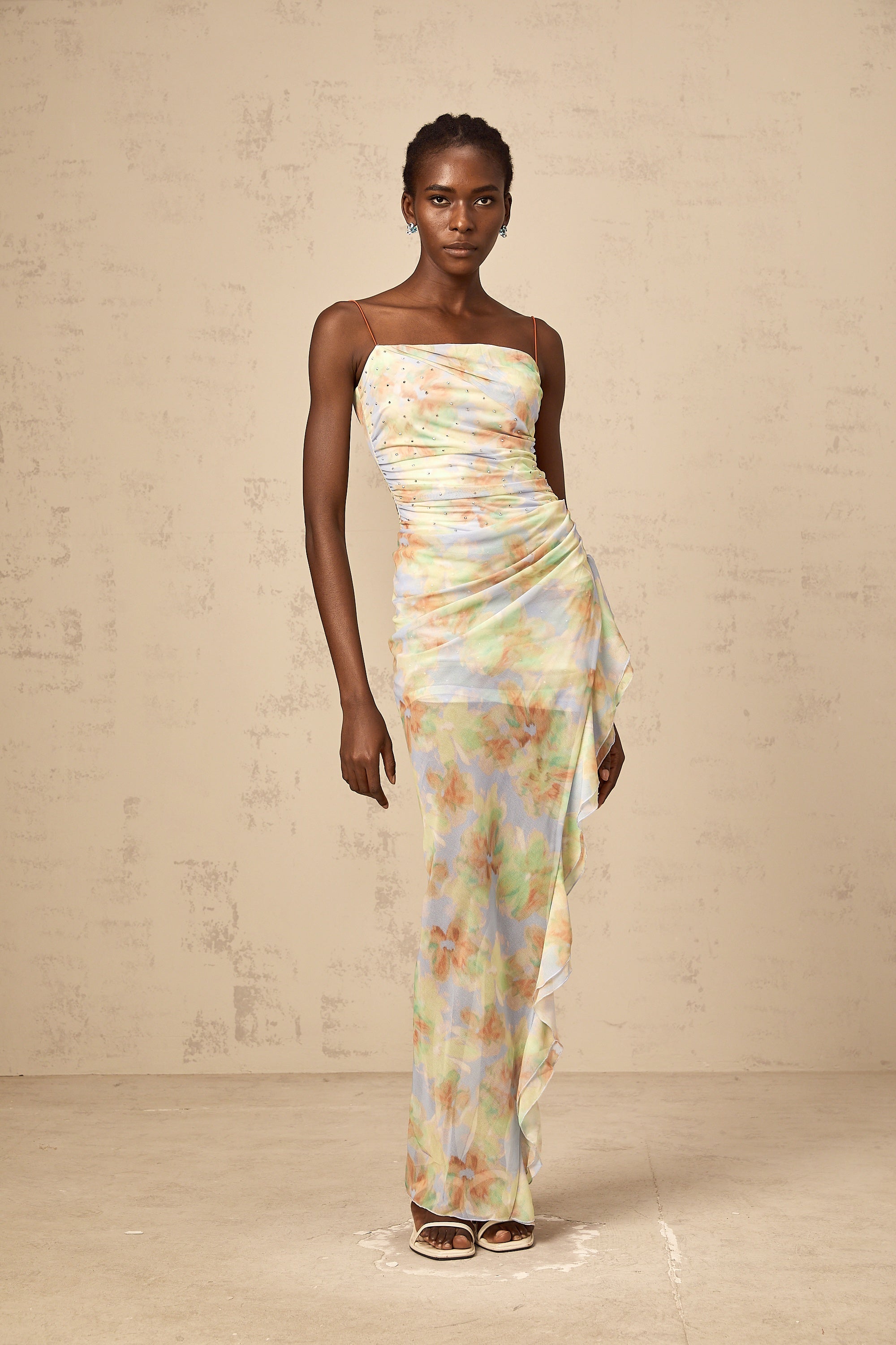 Yseult asymmetrical floral-print ruched maxi dress
