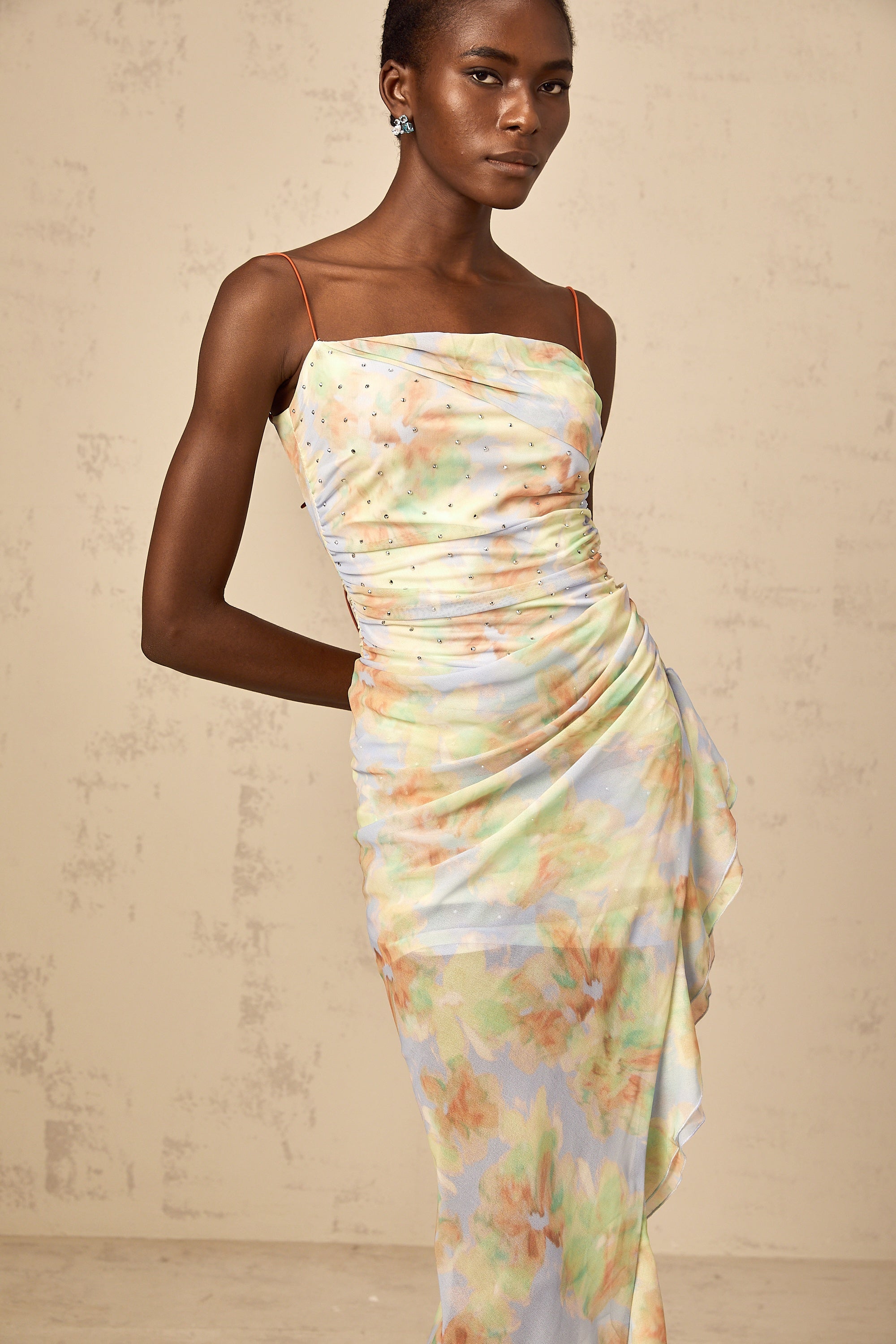 Yseult asymmetrical floral-print ruched maxi dress