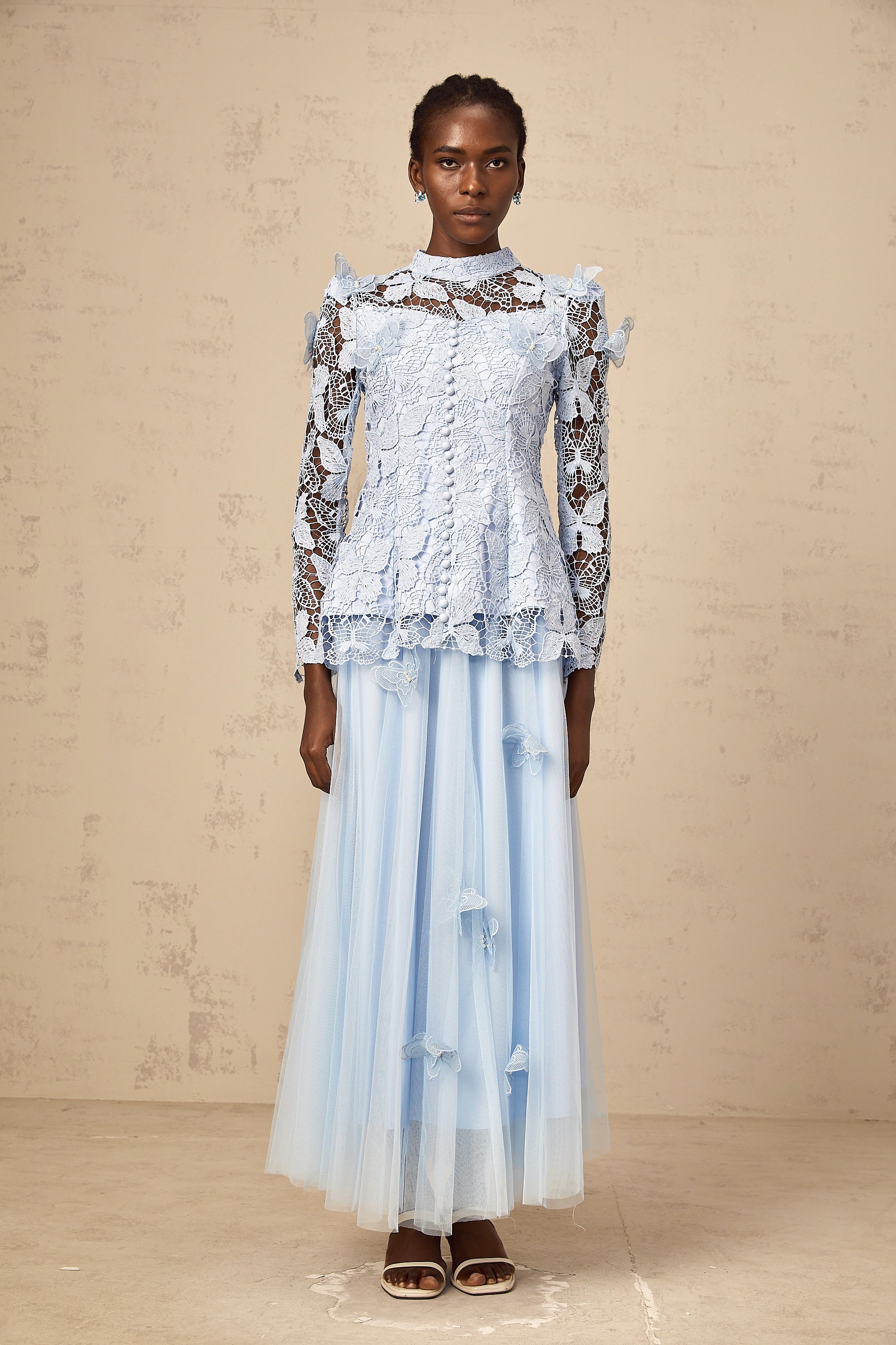 Nicolette blue sequined lace top & skirt matching set