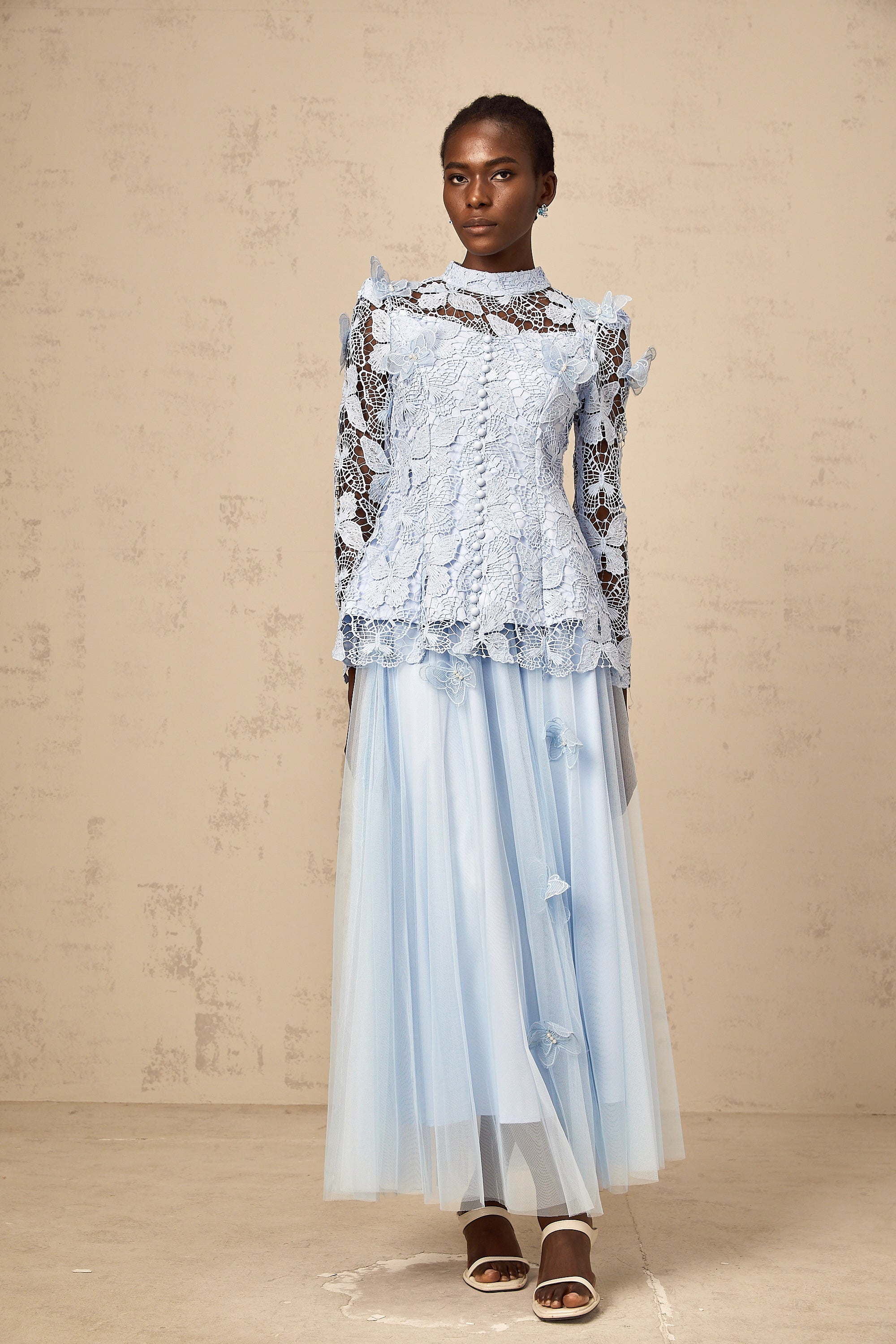 Nicolette blue sequined lace top & skirt matching set